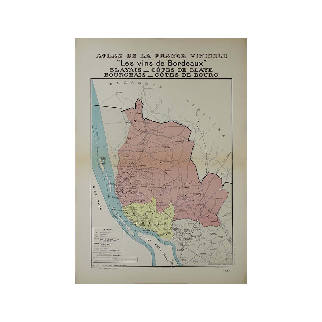 In 1941, L. Larmat created an impressive map titled Atlas de la France Vinicole: Les Vins de Bordeaux - Blayais, Côtes de Blaye, Bourgeais, Côtes de Bourg, printed by Dorel in Paris. This map serves as both a geographical reference and an