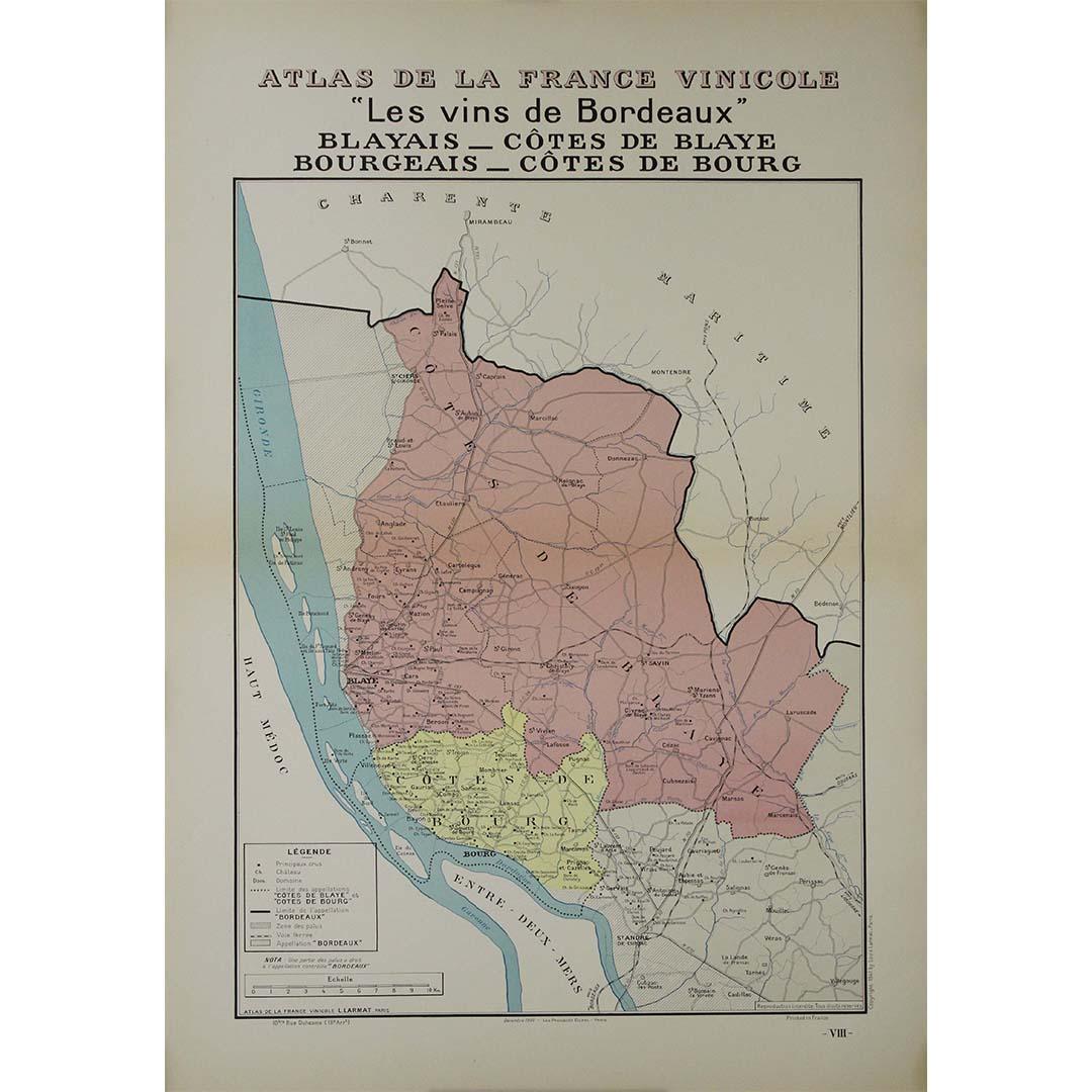 1941 original map "Les vins de Bordeaux - Blayais, Côtes de Blaye" by Larmat