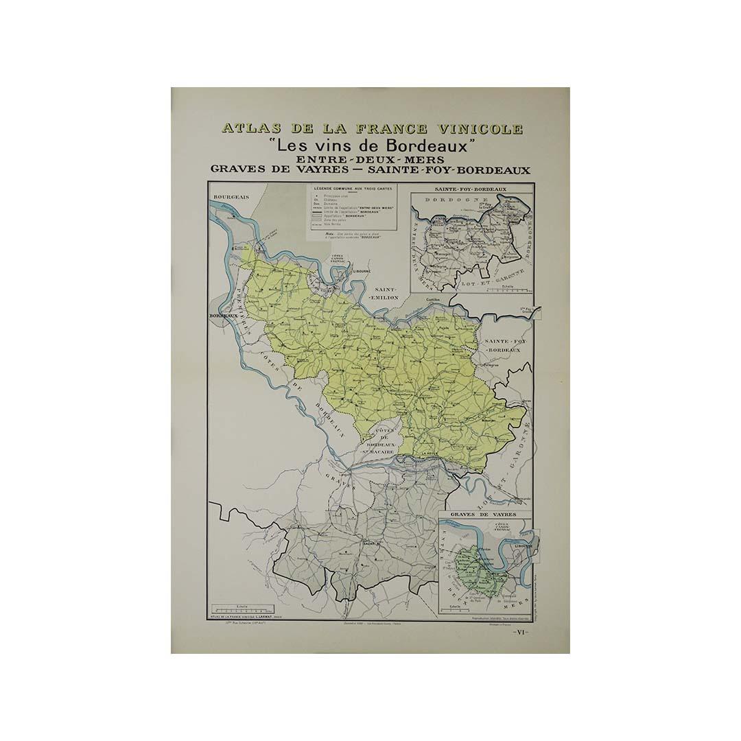In 1941, French cartographer L. Larmat created a remarkable map titled Atlas de la France Vinicole: Les Vins de Bordeaux - Entre-Deux-Mers, Graves de Vayres, Sainte-Foy Bordeaux, which was printed by Dorel in Paris. This map serves not only as a