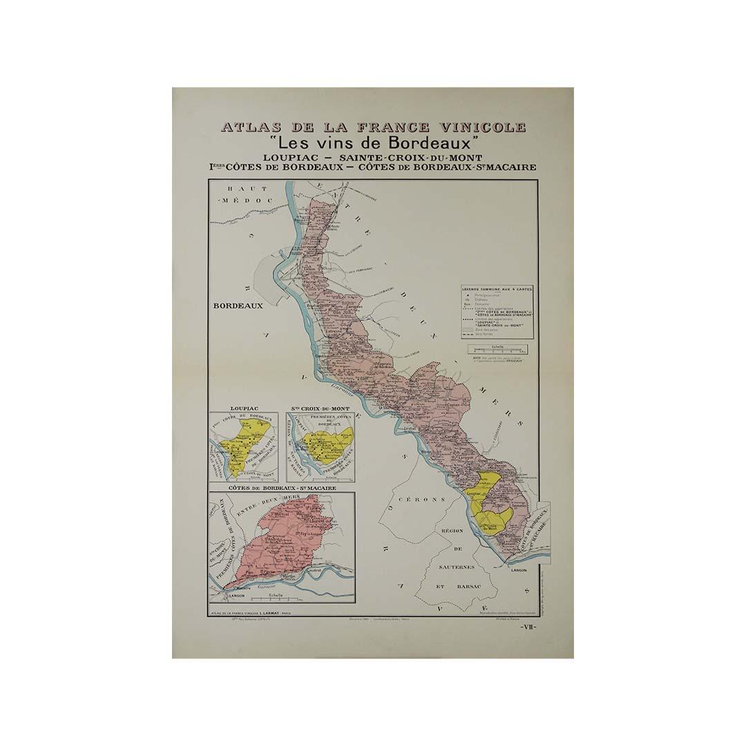 In 1941, L. Larmat crafted an exquisite map titled Atlas de la France Vinicole: Les Vins de Bordeaux - Loupiac, Sainte-Croix-du-Mont, Ières Côtes de Bordeaux, Côtes de Bordeaux St. Macaire, printed by Dorel in Paris. This map serves as both a