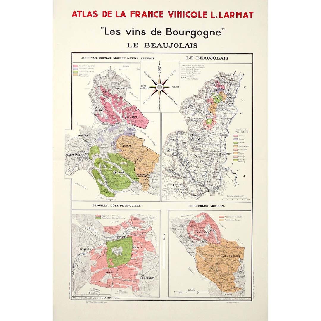 1942 Antique Map, Atlas de la France Vinicole - Bourgogne - Beaujolais by Larmat