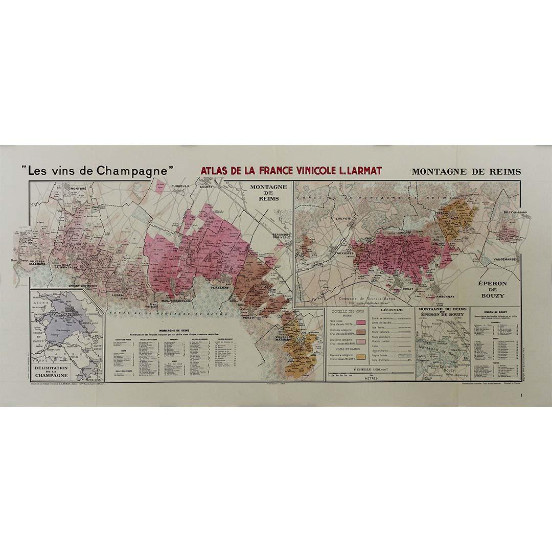 The 1944 original map "Atlas de la France Vinicole – Les vins de Champagne – Montagne de Reims" by Louis Larmat is an exquisite piece of cartography that reflects both the history and artistry of French wine culture. Published as part of the broader