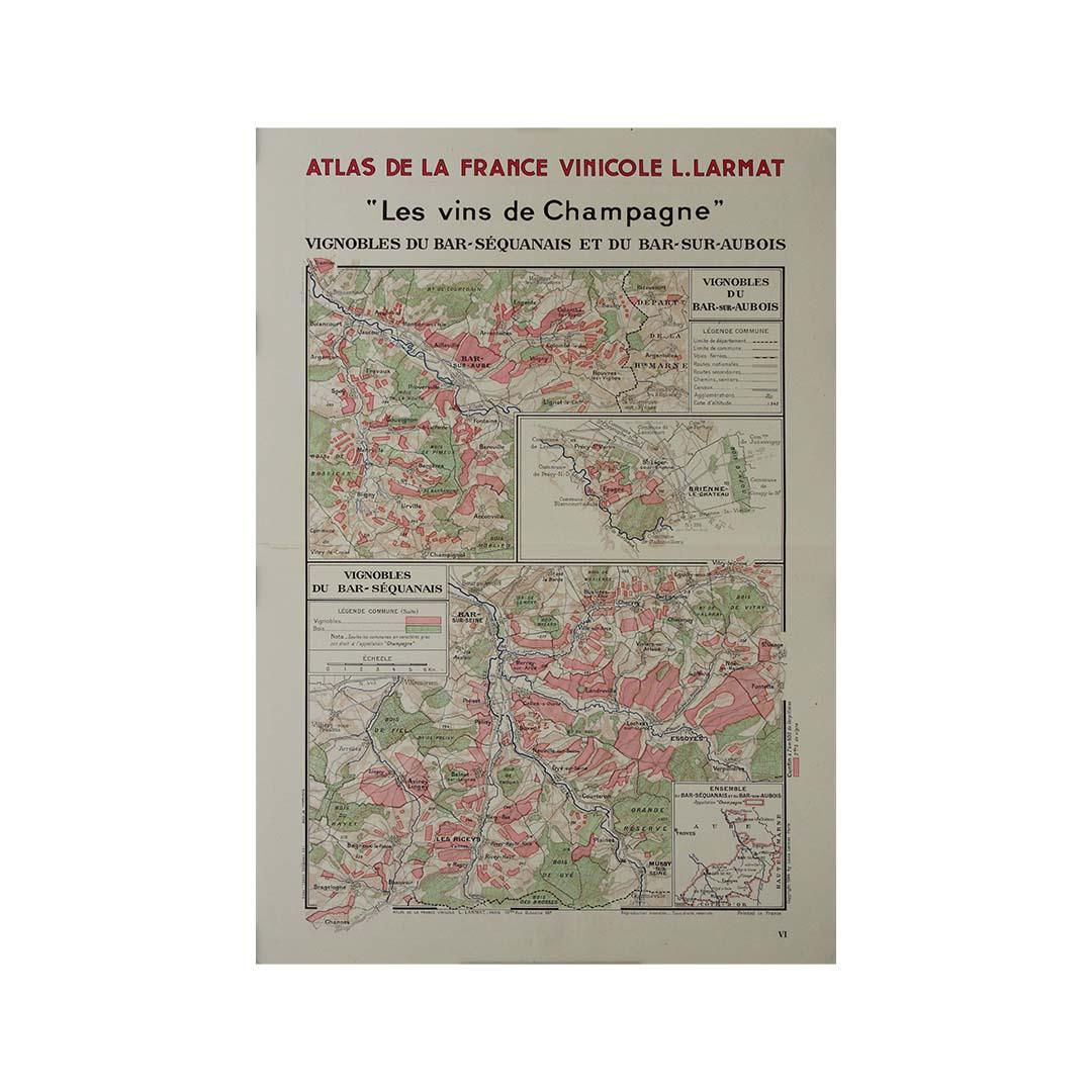 1944 original map Les vins de Champagne – Vignobles du Bar-Séquanais For Sale 1