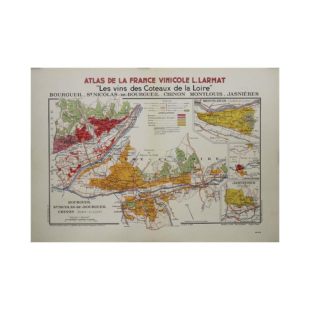 The 1946 original map Atlas de la France Vinicole - Les Vins des Côteaux de la Loire: Bourgueil, St Nicolas-de-Bourgueil, Chinon, Montlouis, Jasnières, created by Louis Larmat and printed by Dorel in Paris, is a remarkable work that captures the