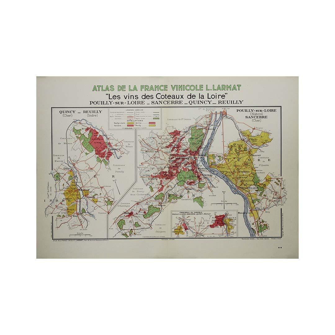 The 1946 original map Atlas de la France Vinicole - Les Vins des Côteaux de la Loire: Pouilly-sur-Loire, Sancerre, Quincy, Reuilly, created by Louis Larmat and printed by Dorel in Paris, is a striking and detailed representation of the famous Loire