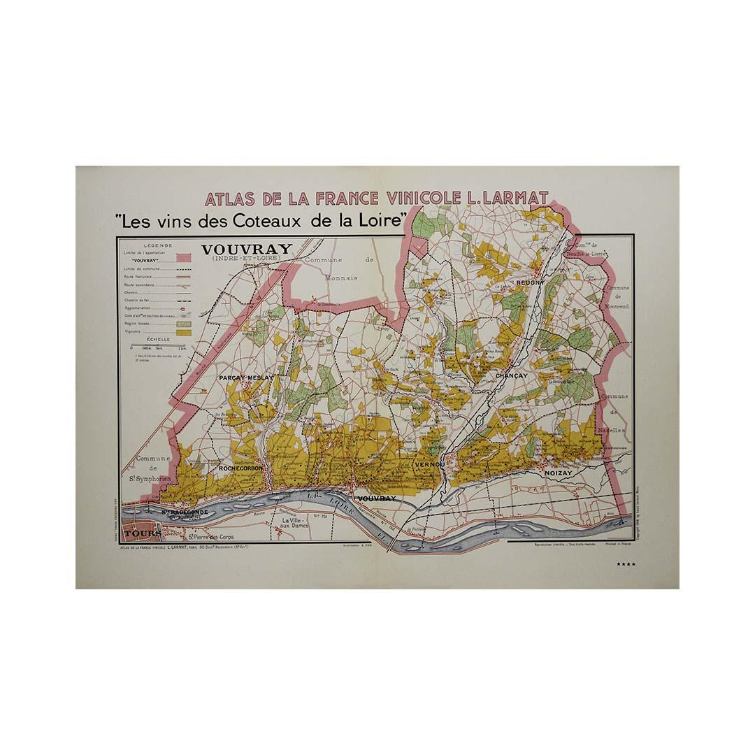 The 1946 map titled Atlas de la France Vinicole - Les Vins des Côteaux de la Loire: Vouvray by Louis Larmat, printed by Dorel in Paris, presents an intimate exploration of one of the Loire Valley's most revered wine regions. Part of Larmat’s