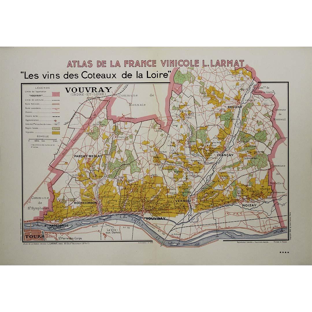 1946 original map "Les vins des côteaux de la Loire - Vouvray " by Larmat