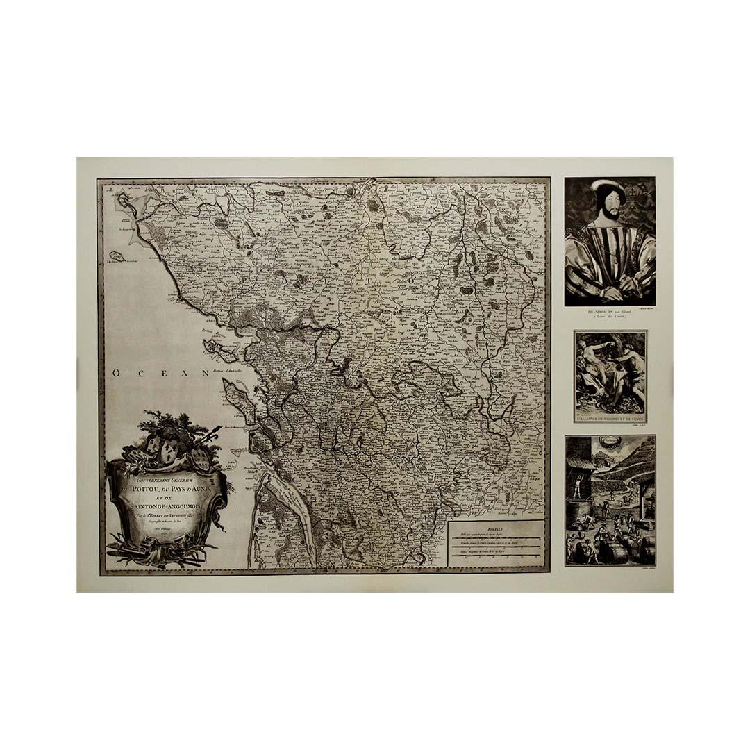 The 1947 original map Gouvernement Généraux du Poitou, du Pays d'Aunis et de Saintonge Angoumois, created by Louis Larmat and printed by Dorel in Paris, is a beautifully detailed cartographic representation of a historically significant region in