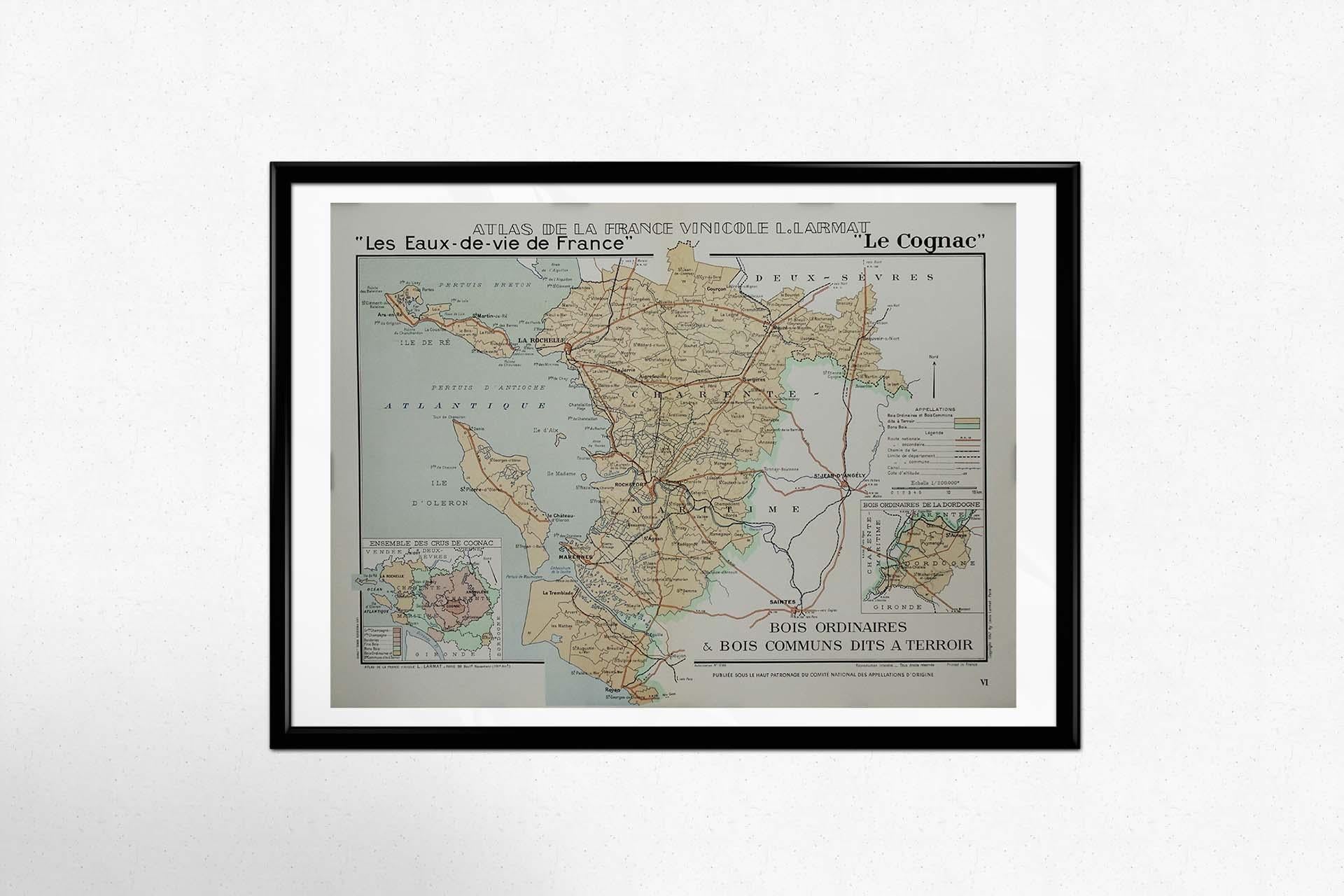 The 1947 original map Atlas de la France Vinicole - Les Eaux-de-vie de France - Le Cognac Bois Ordinaires & Bois Communs dits à Terroir, created by Louis Larmat and printed by Dorel in Paris, offers a detailed depiction of one of the most peripheral