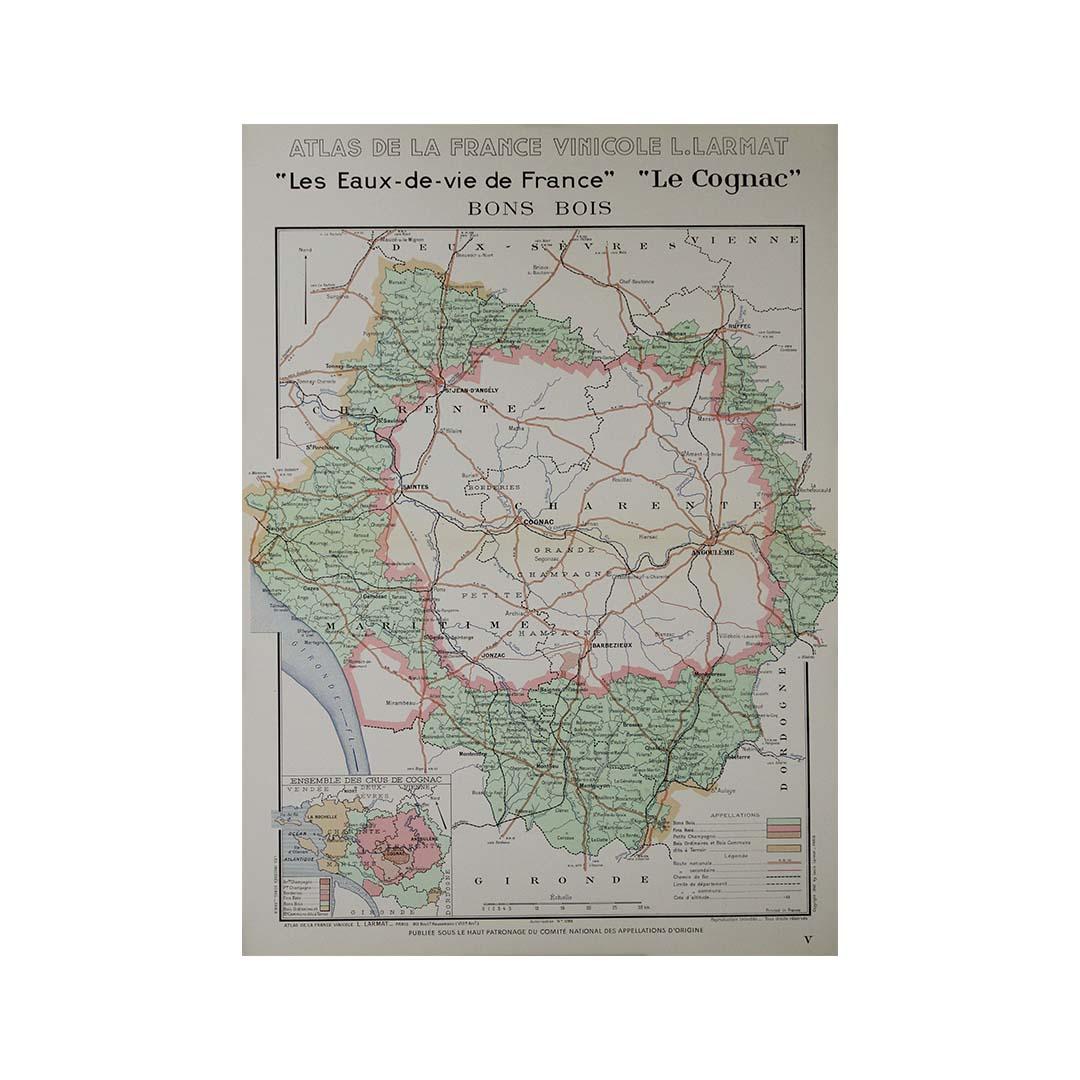 The 1947 original map Atlas de la France Vinicole - Les Eaux-de-vie de France - Le Cognac Bons Bois, created by Louis Larmat and printed by Dorel in Paris, is a beautifully crafted cartographic depiction of one of the lesser-known but important
