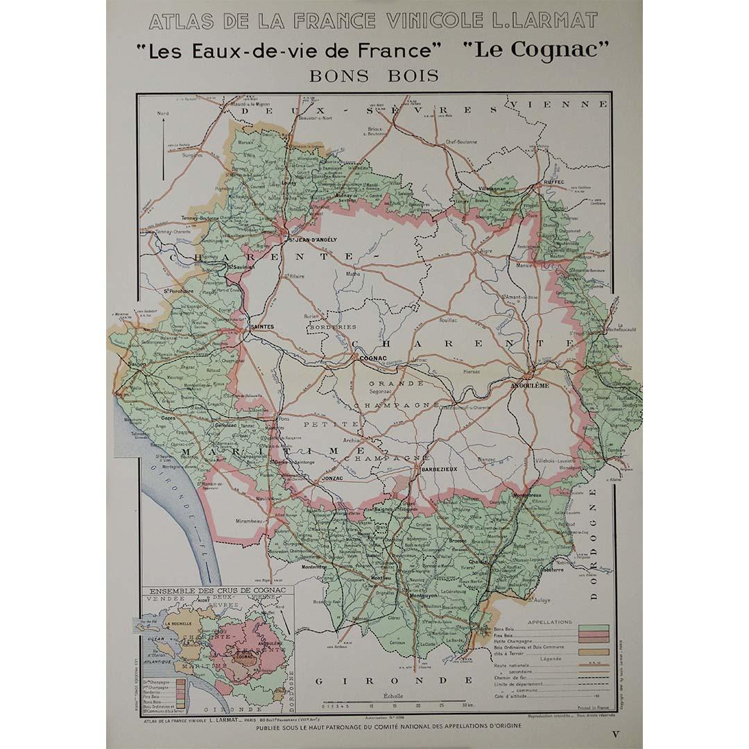 Mapa original de 1947 "Les eaux-de-vie de France - Le Cognac Bons Bois" de Larmat