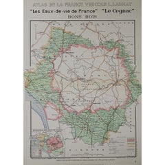 Vintage 1947 original map "Les eaux-de-vie de France - Le Cognac Bons Bois" by Larmat
