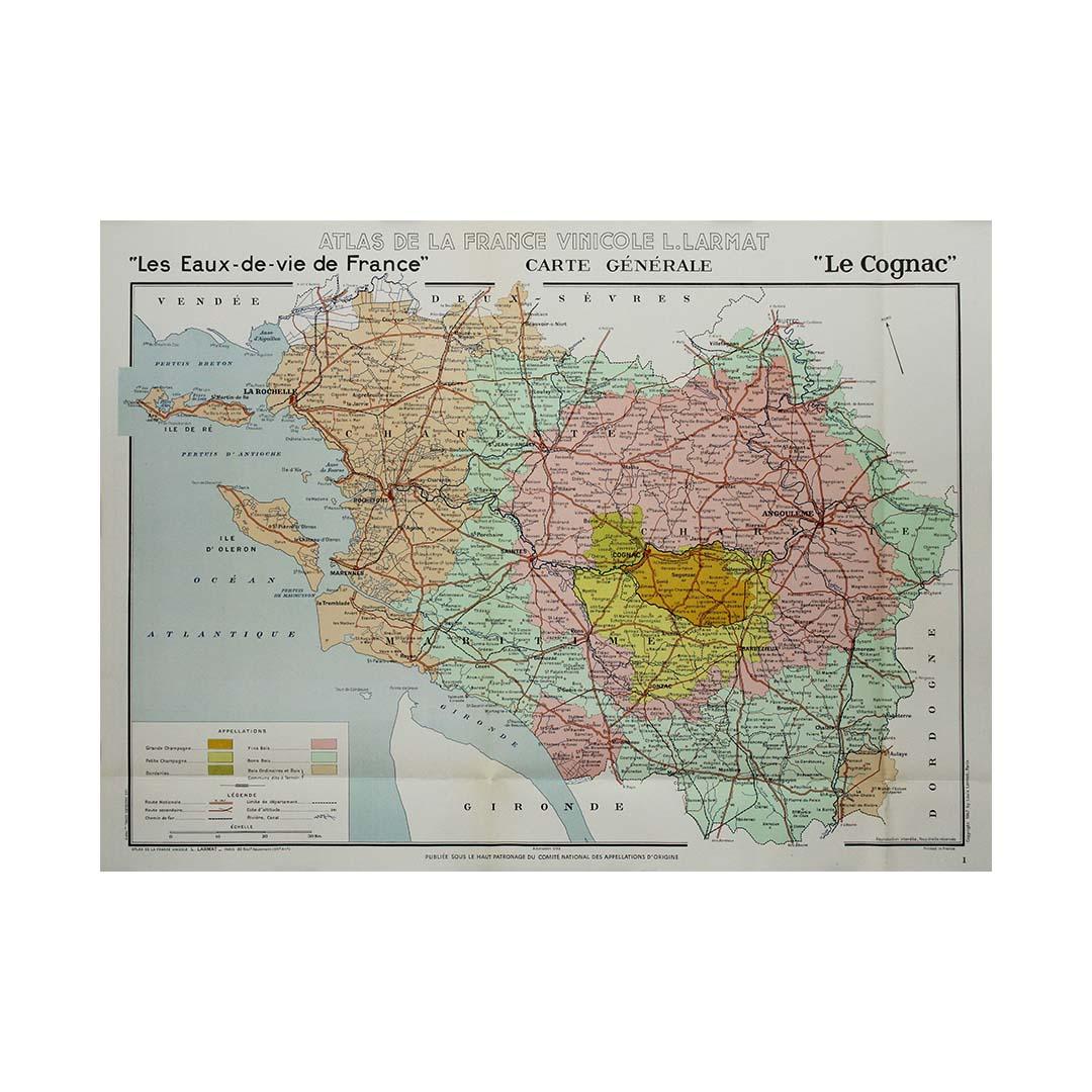The 1947 original map Atlas de la France vinicole - Les eaux-de-vie de France - Le Cognac, created by Louis Larmat and printed by Dorel in Paris, is a fascinating and detailed cartographic representation of the Cognac-producing regions of France.
