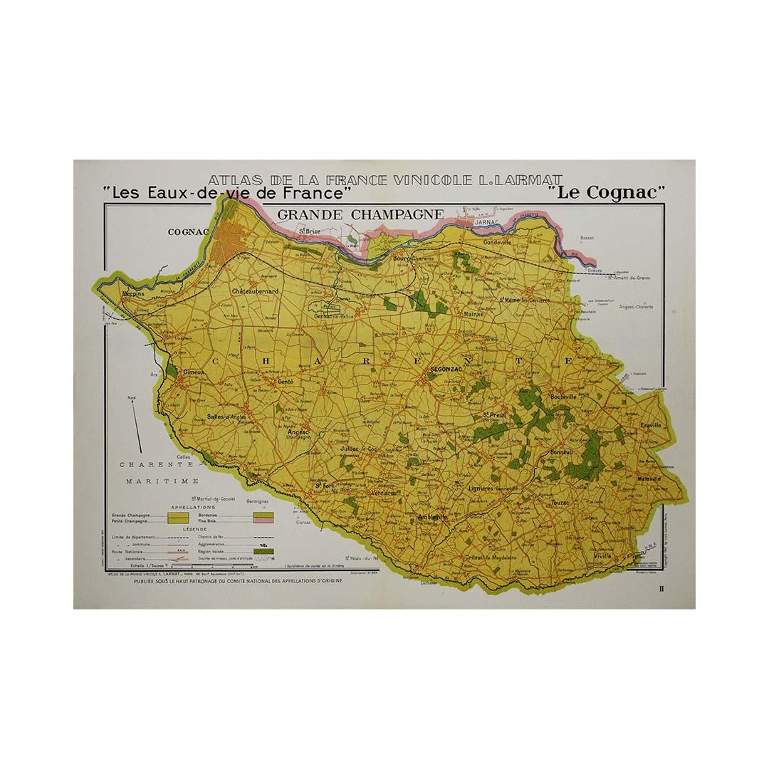 The 1947 original map Atlas de la France vinicole - Les eaux-de-vie de France - Le Cognac, created by Louis Larmat and printed by Dorel in Paris, is a fascinating and detailed cartographic representation of the Cognac-producing regions of France.