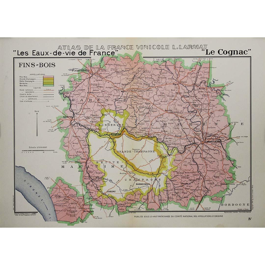 1947 original map "Les eaux-de-vie de France - Le Cognac fins bois" by Larmat