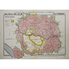 Vintage 1947 original map "Les eaux-de-vie de France - Le Cognac fins bois" by Larmat