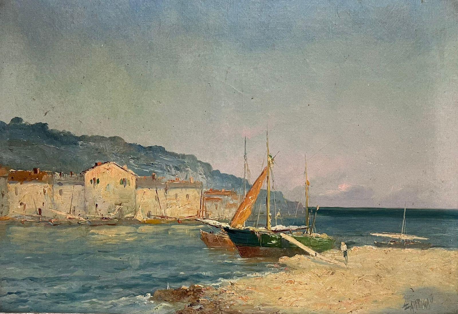 Olio impressionista francese del XIX secolo Barche addormentate al largo di Martiques Sud della Francia - Painting di Louis Lartigau