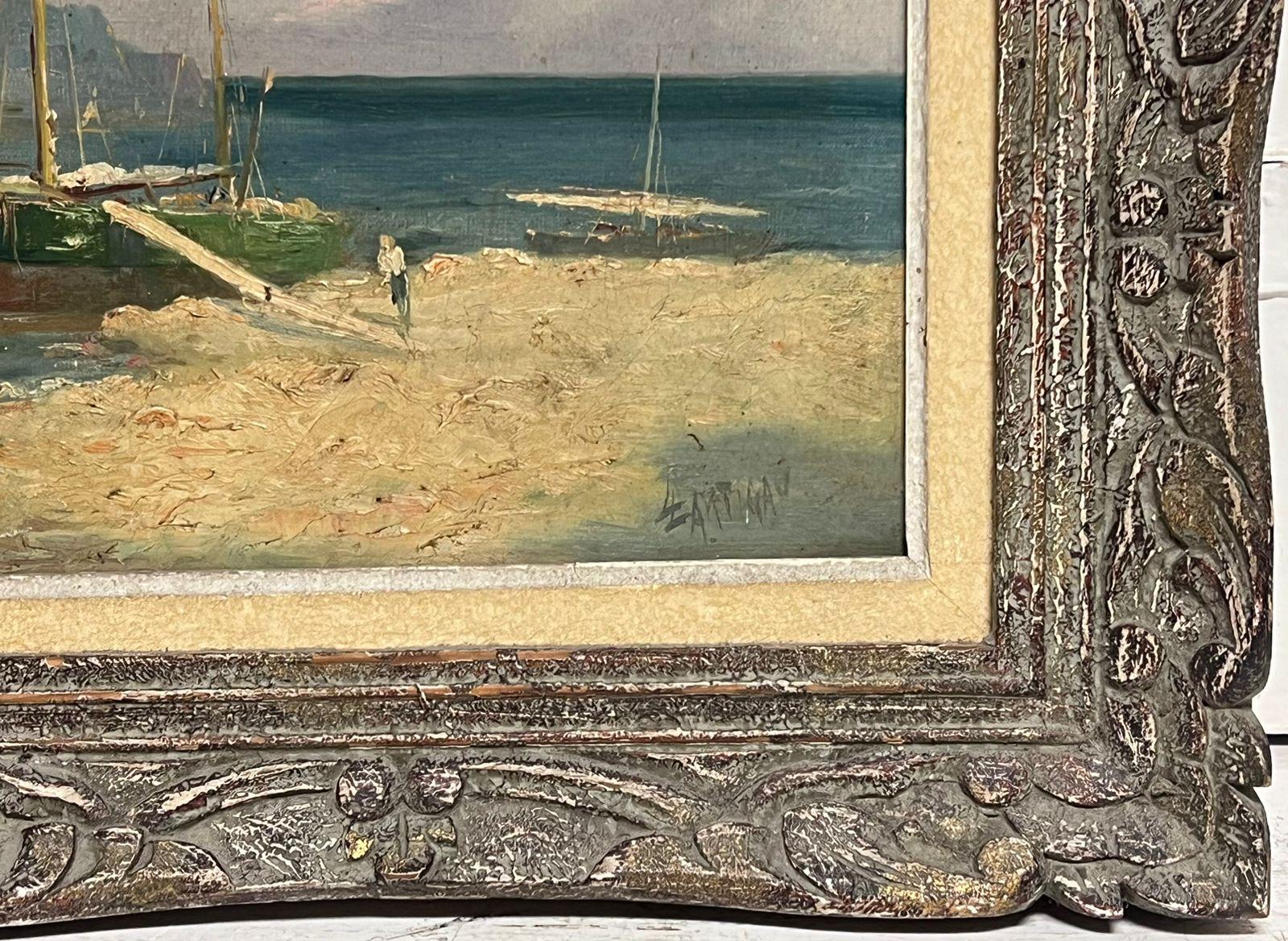 Olio impressionista francese del XIX secolo Barche addormentate al largo di Martiques Sud della Francia 1