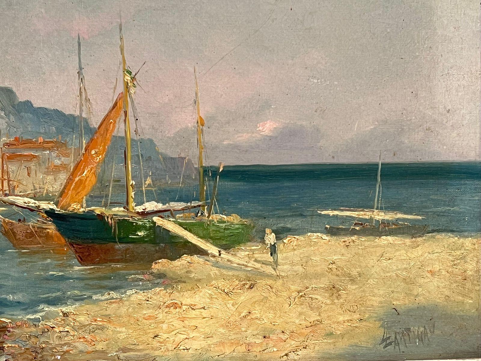 Olio impressionista francese del XIX secolo Barche addormentate al largo di Martiques Sud della Francia 2