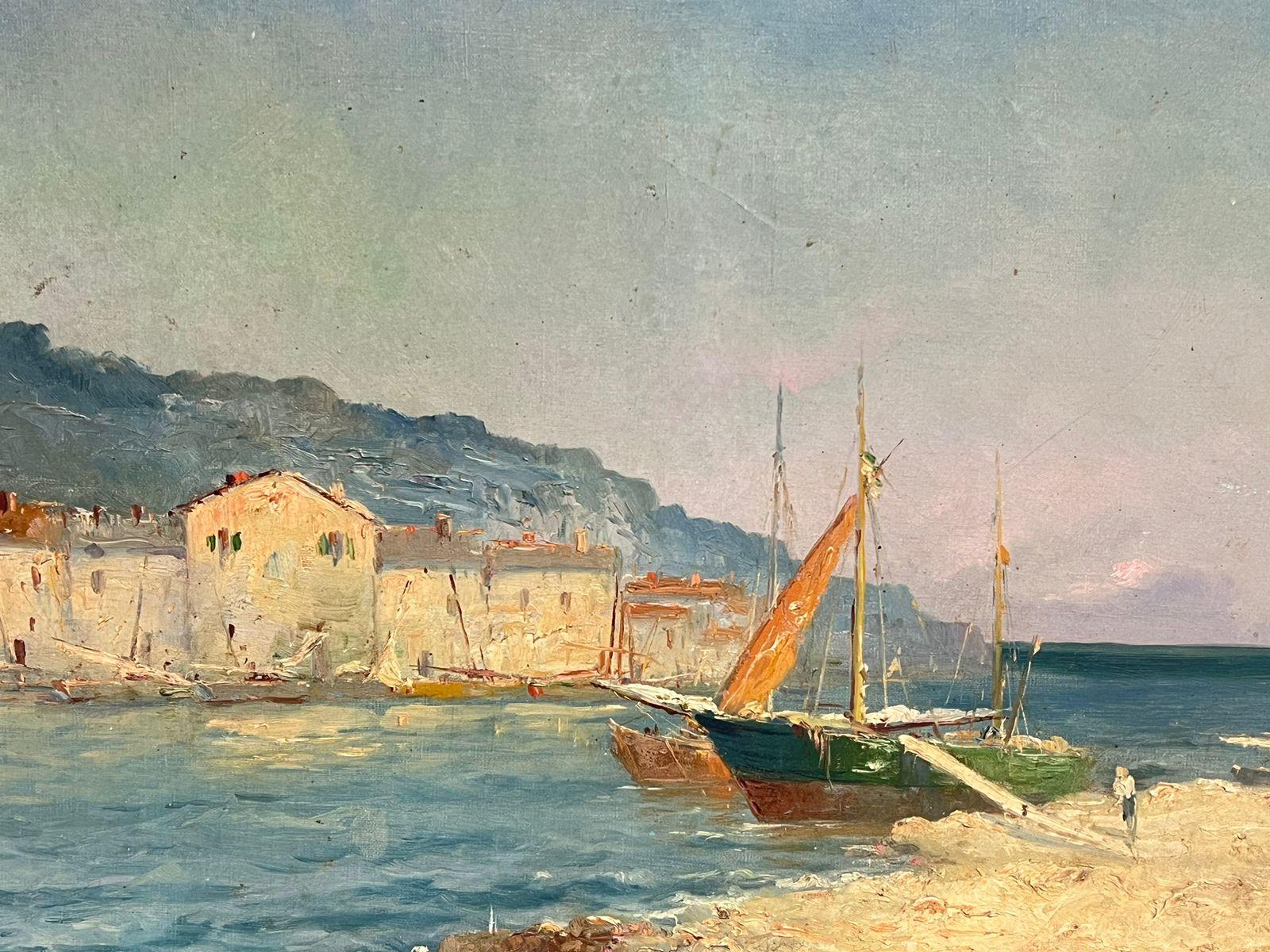 Olio impressionista francese del XIX secolo Barche addormentate al largo di Martiques Sud della Francia 3