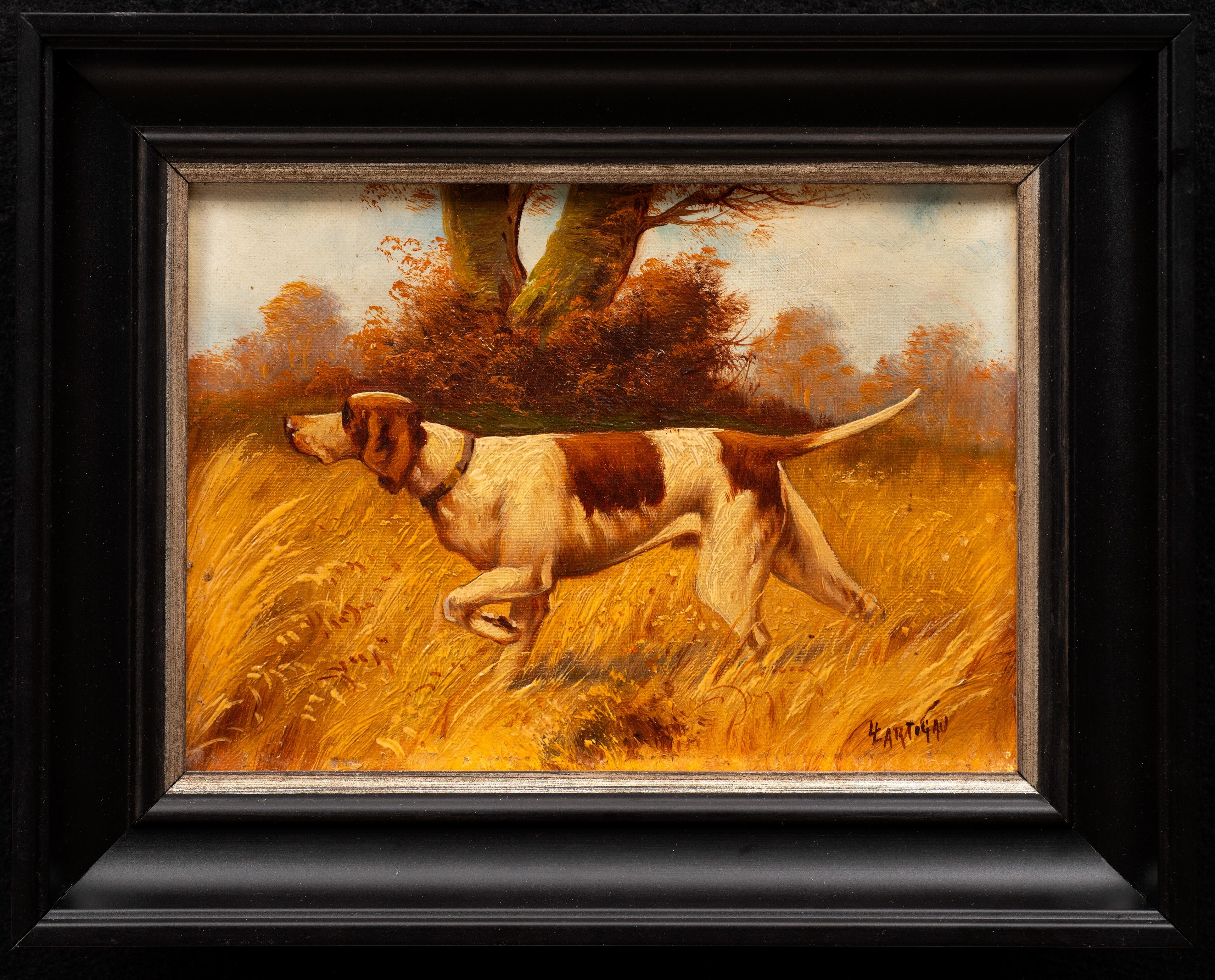 Jagdhund in Bereitschaft (R)
Louis Lartigau (Französisch, 19./20.)
Öl auf Leinwand
9 1/8 x 11 5/8 (Rahmen)
Signiert unten rechts

Ein sehr fein gezeichnetes und ausgeführtes Gemälde eines Jagdhundes in Bereitschaft. 