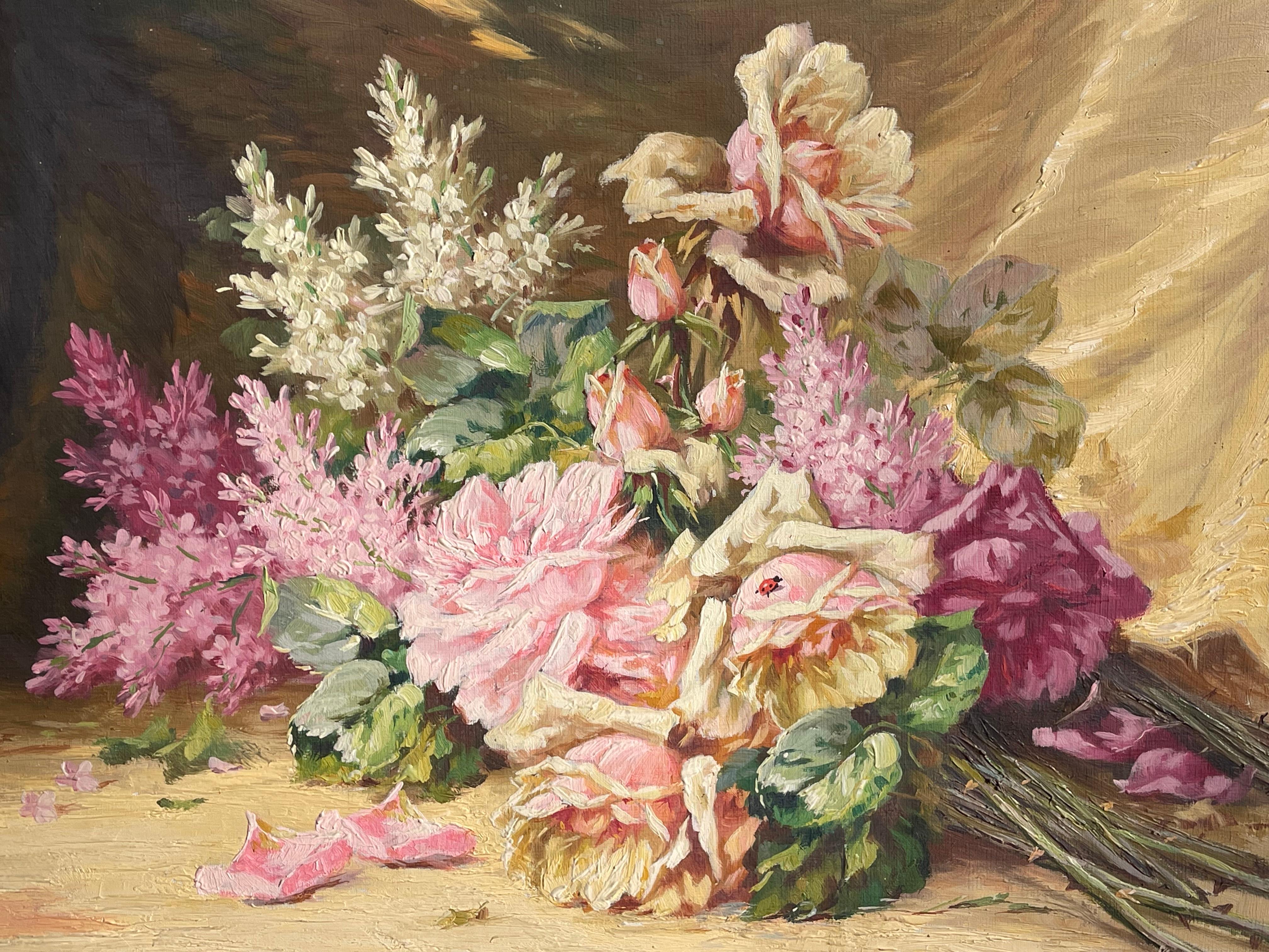 Lovely oil on canvas representing a bouquet of flowers in pastel colors, predominantly pink. Signed lower right 