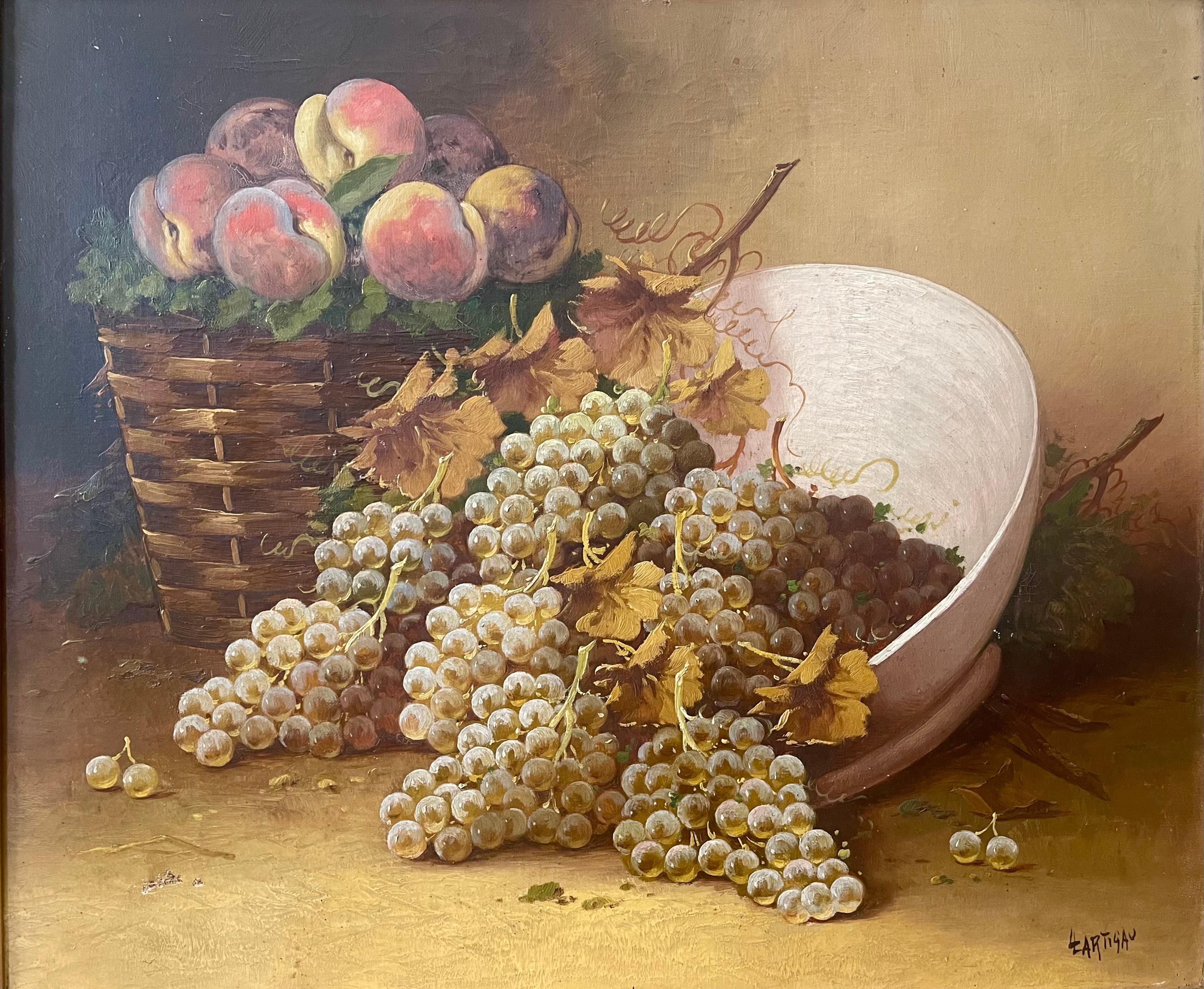 Superb still life with white grapes and peaches in a basket. Oil on canvas signed lower right 