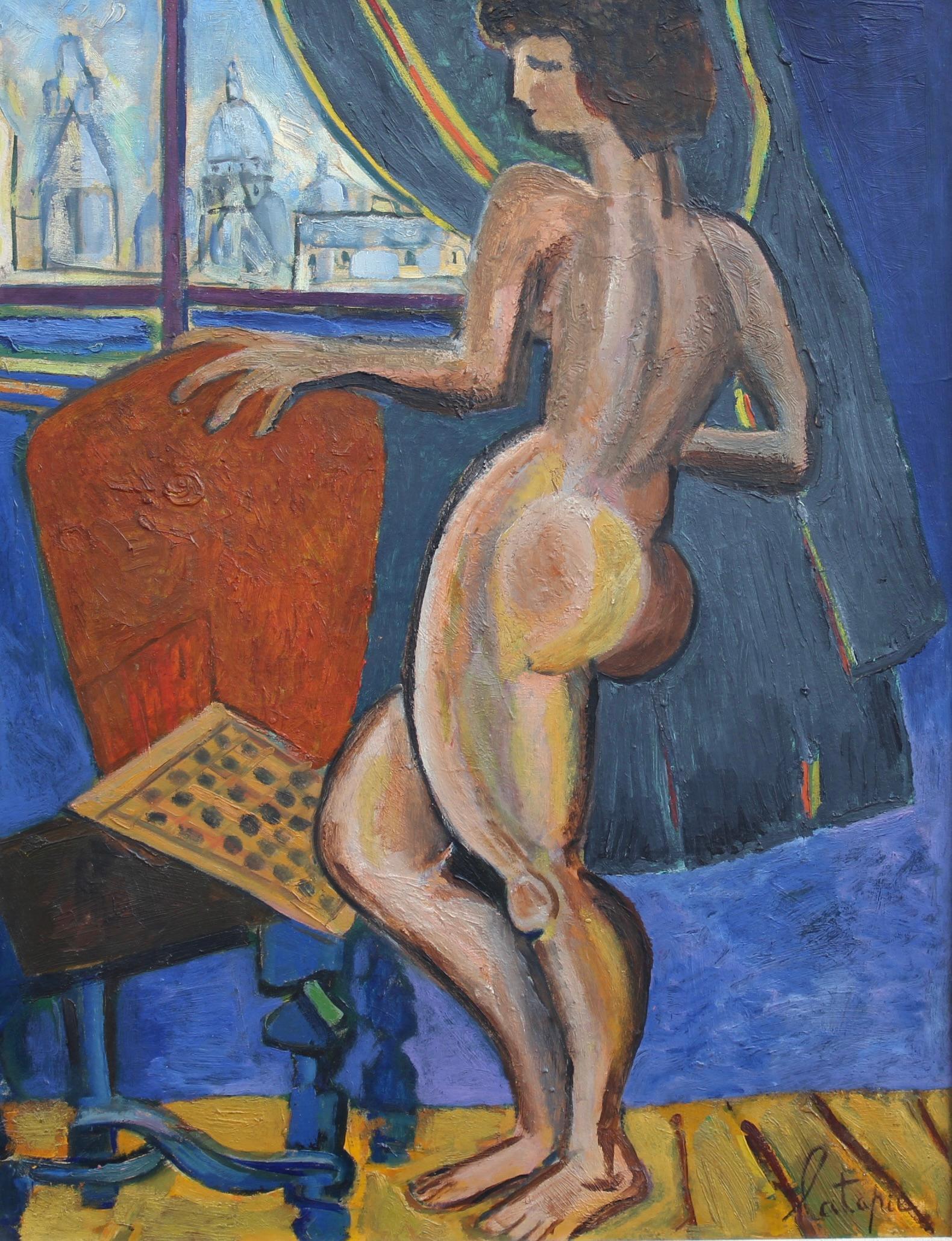 Nude at the Window Overlooking Sacré-Coeur - Painting by Louis Latapie