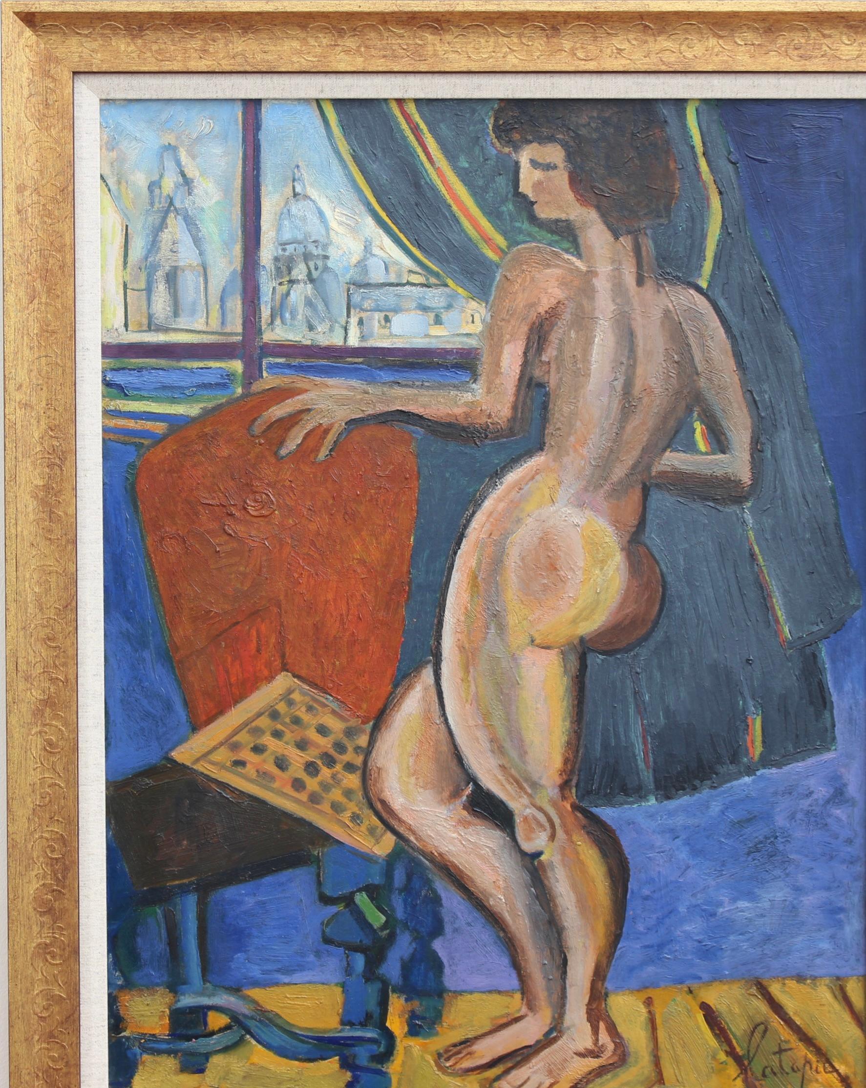 'Nude at the Window Overlooking Sacré-Coeur', oil on paper mounted on canvas, by Louis Latapie (circa 1930s). Although later in Latapie's career he embraced cubism and abstraction, this piece is placed in his earlier expressionist and more