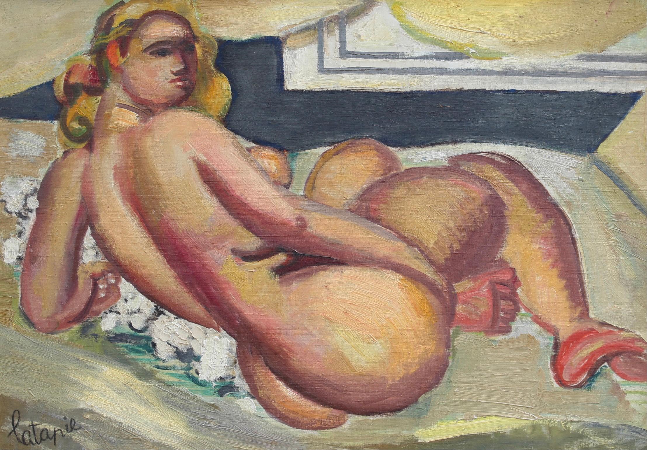 Nudefarbener Akt auf dem Sofa – Painting von Louis Latapie