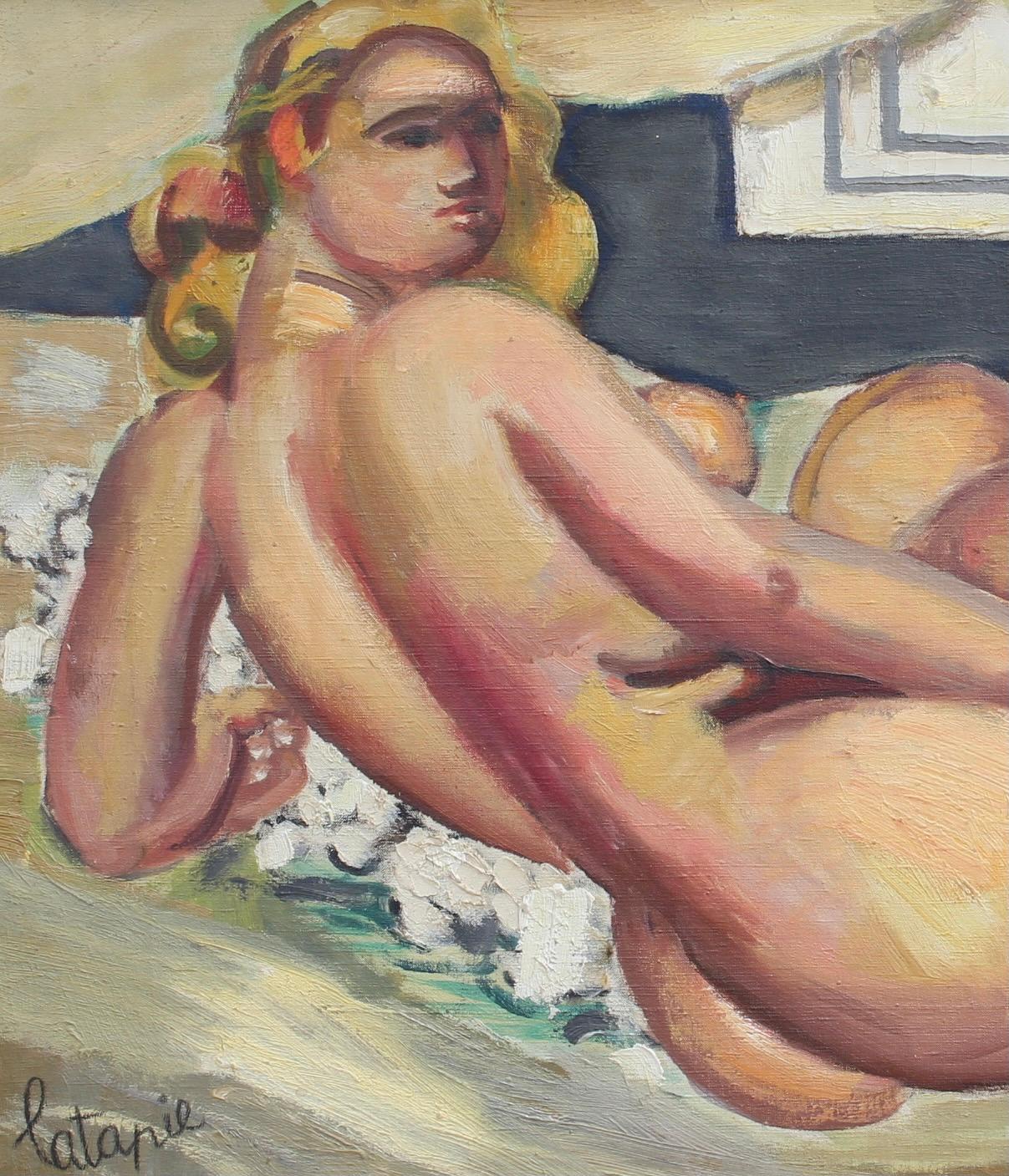 'Nude Posing on the Sofa', oil on canvas, by Louis Latapie (circa 1940s). From a long line of renowned paintings whose subject is reclining nudes, this extraordinarily desirable work by French artist Latapie is seductive and alluring.