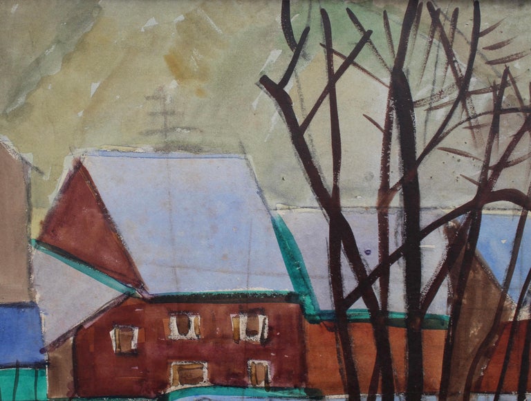 'The Mill', oil on paper mounted on canvas, by Louis Latapie (circa 1930s). A colourful wintery scene, the bare trees are like wireless telephone poles along the stone-fenced road. The steep roofs of the nearby buildings suggest a location in the
