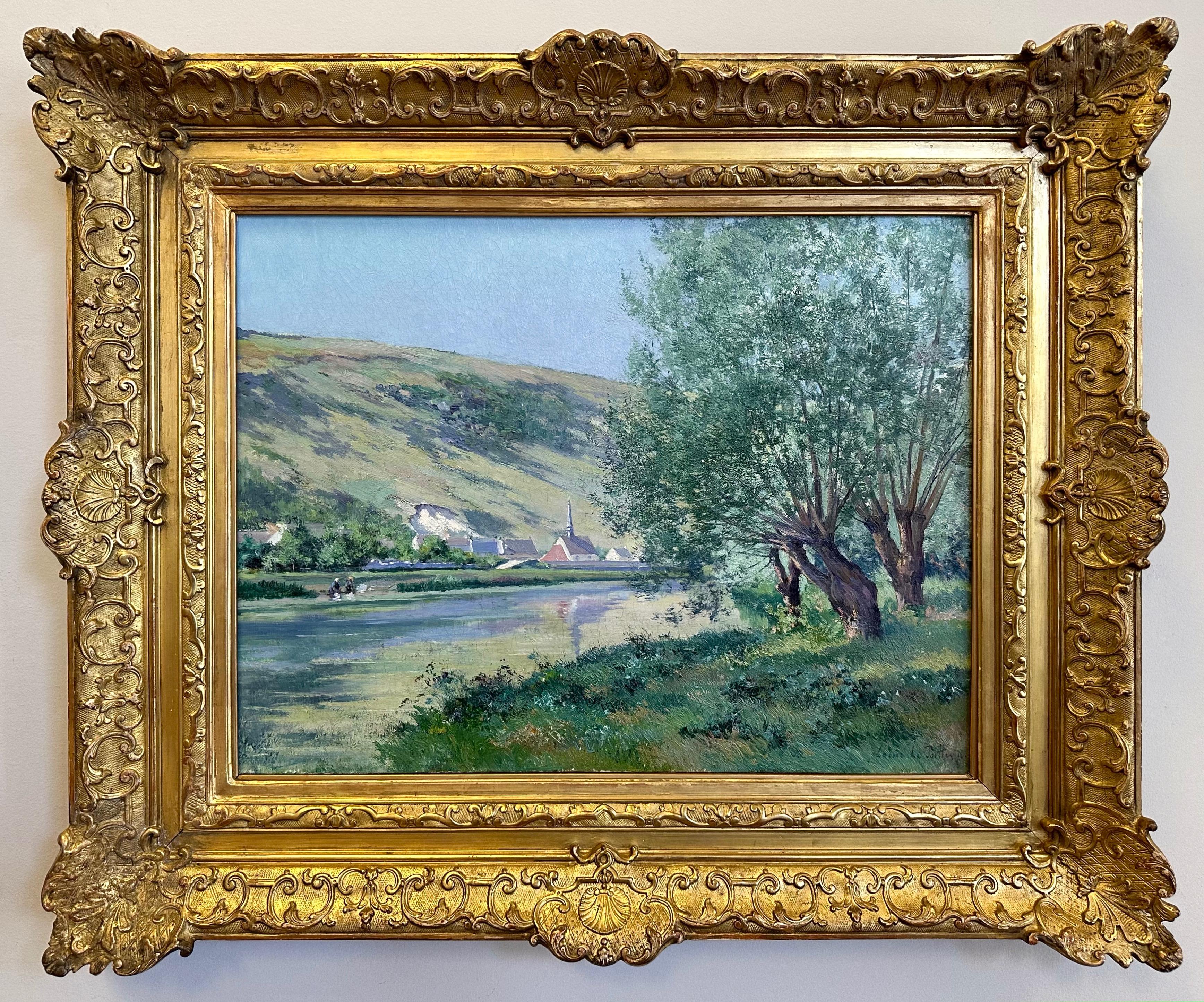 Une grande et belle peinture impressionniste en plein air vers 1880 d'un paysage fluvial par le célèbre artiste français Louis-Paul Le Poittevin, présentée dans son cadre d'origine en bois doré sculpté à la main.

Le cadre bucolique sous un ciel