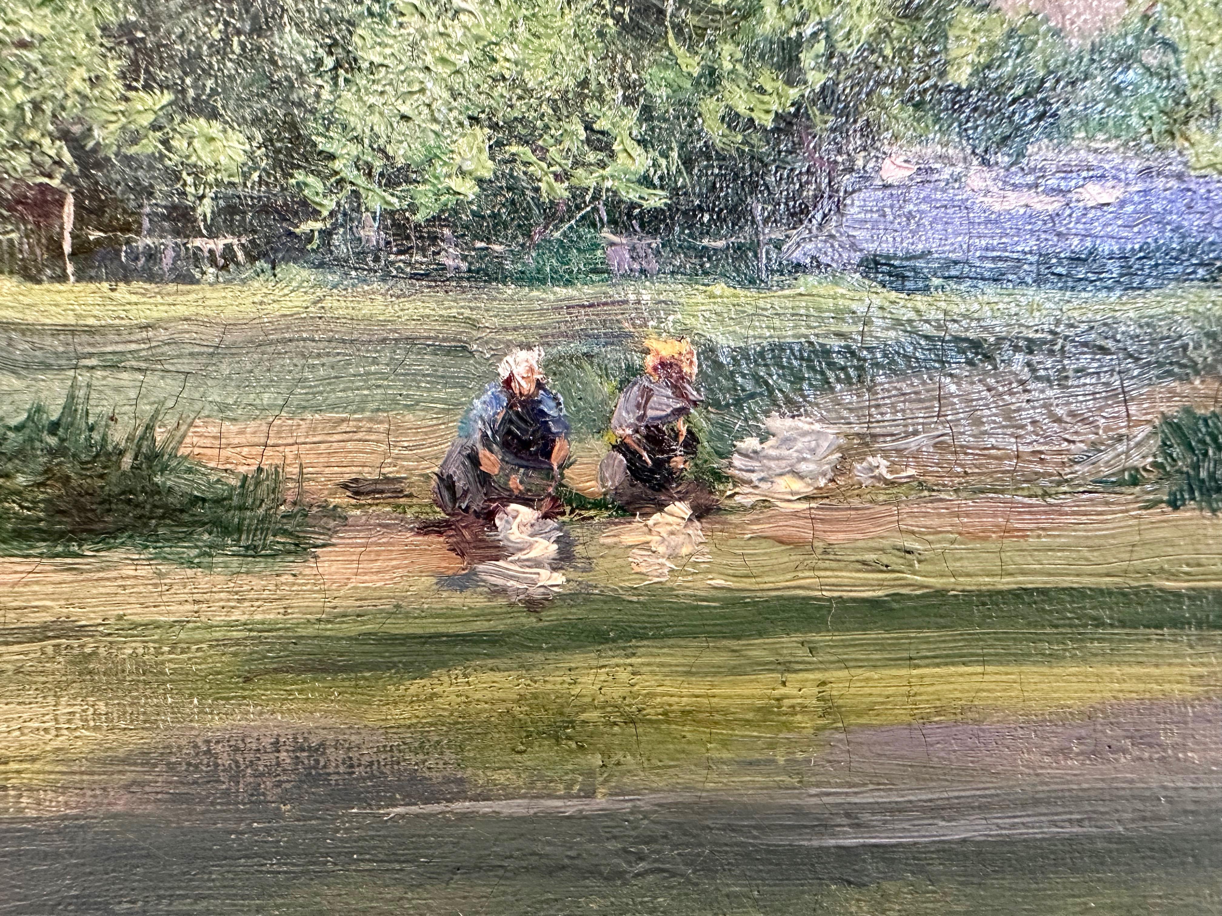 Peinture à l'huile de Louis Le Poittevin représentant un paysage fluvial dans un cadre en bois doré, vers 1880 Bon état à San Francisco, CA