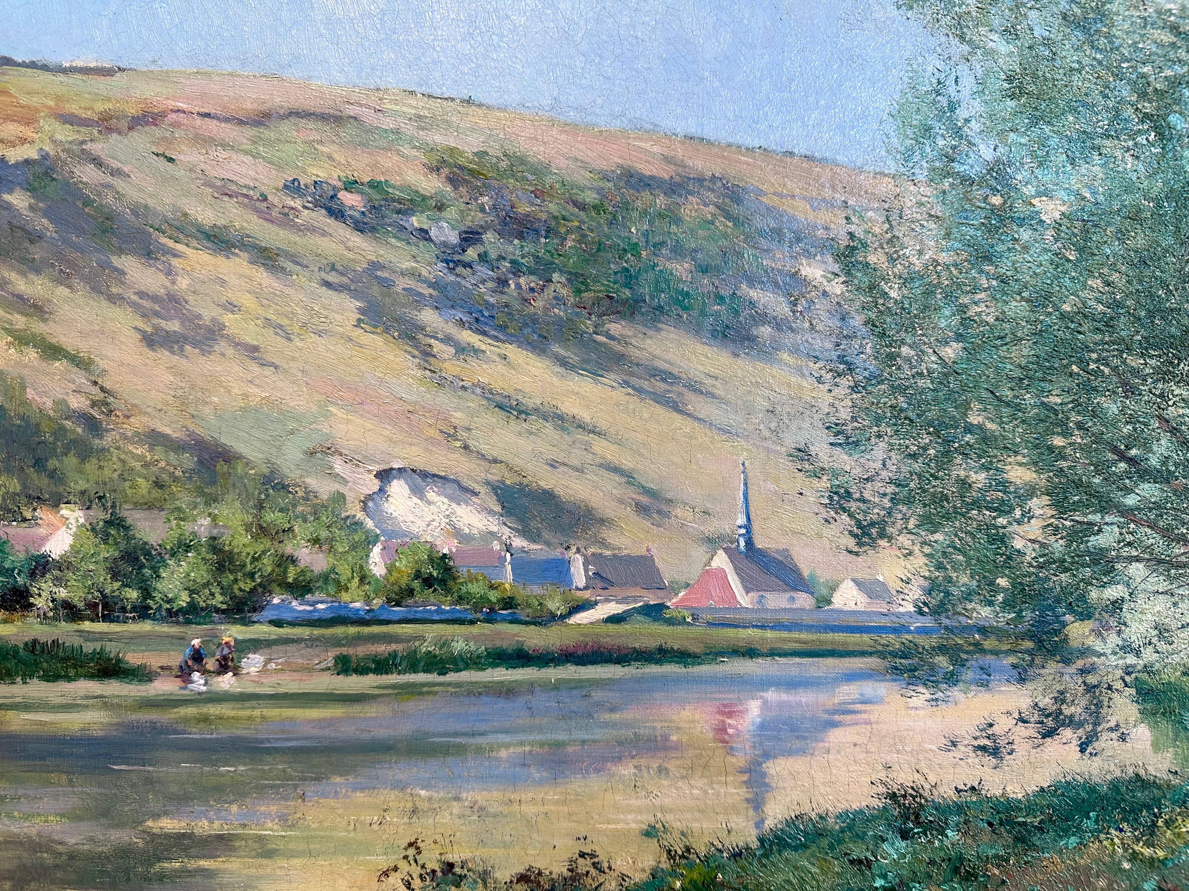 Gesso Peinture à l'huile de Louis Le Poittevin représentant un paysage fluvial dans un cadre en bois doré, vers 1880