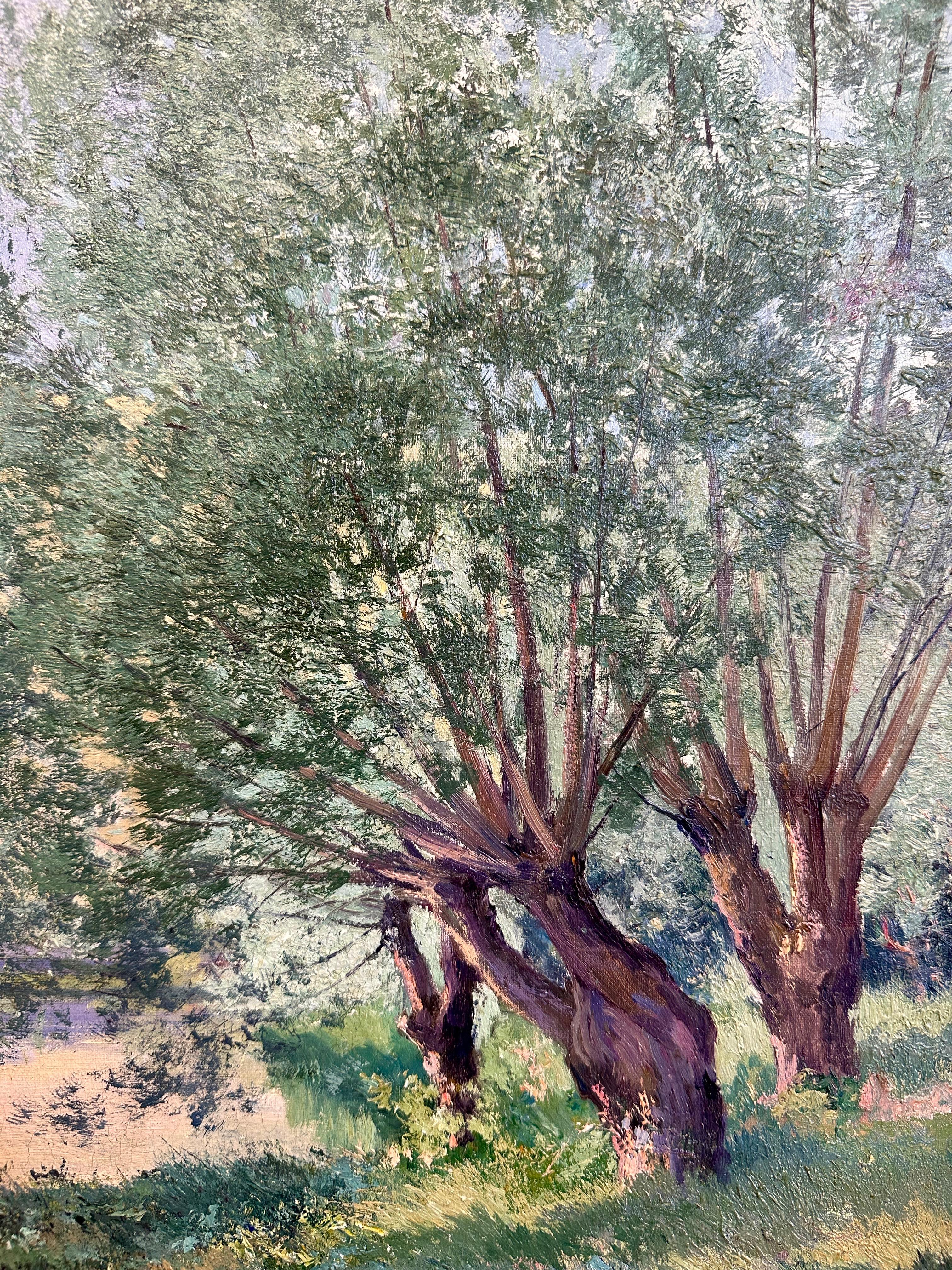 Peinture à l'huile de Louis Le Poittevin représentant un paysage fluvial dans un cadre en bois doré, vers 1880 1