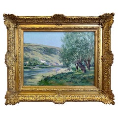 Peinture à l'huile de Louis Le Poittevin représentant un paysage fluvial dans un cadre en bois doré, vers 1880