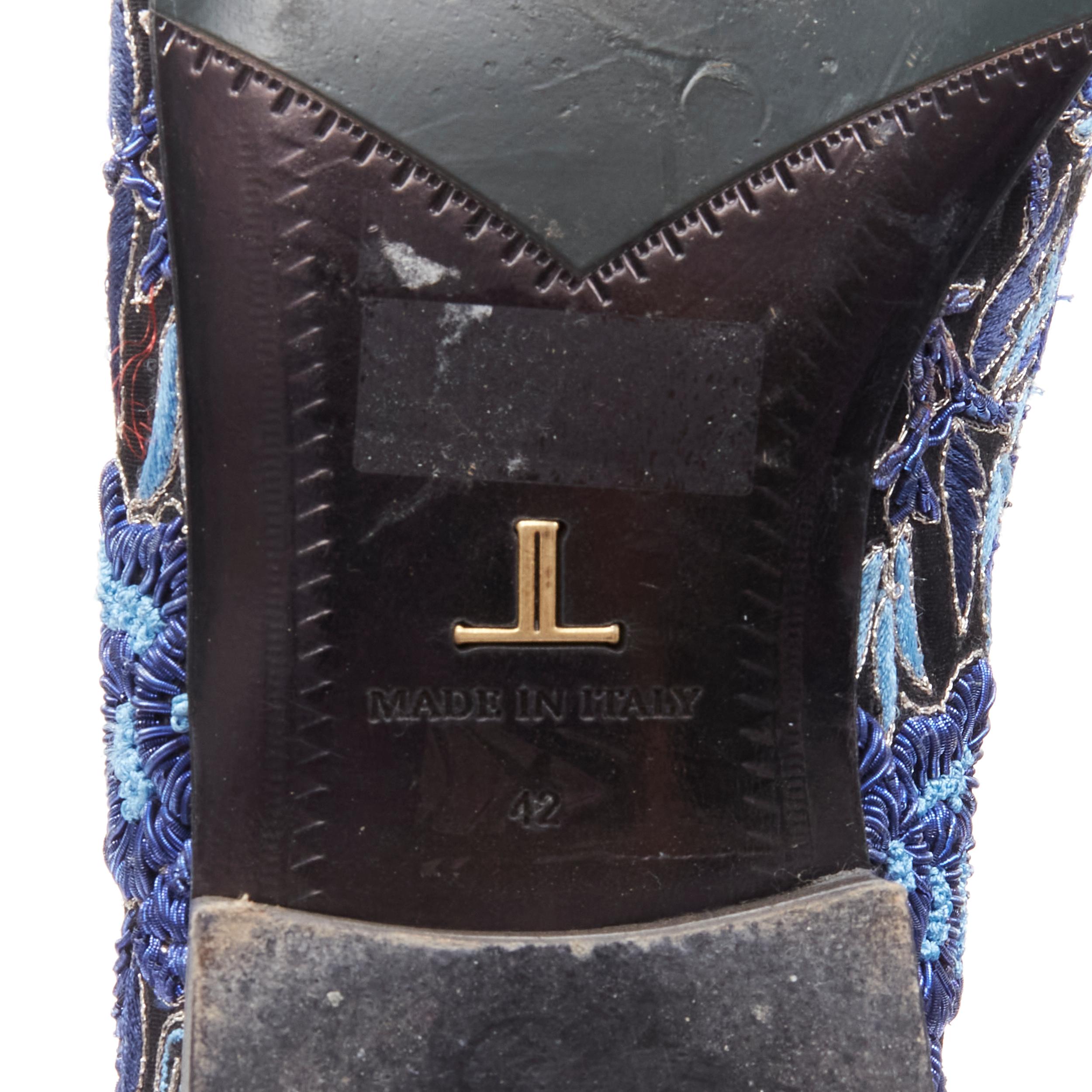 LOUIS LEEMAN black satin blue floral embroidery evening loafer EU42 US9 For Sale 7