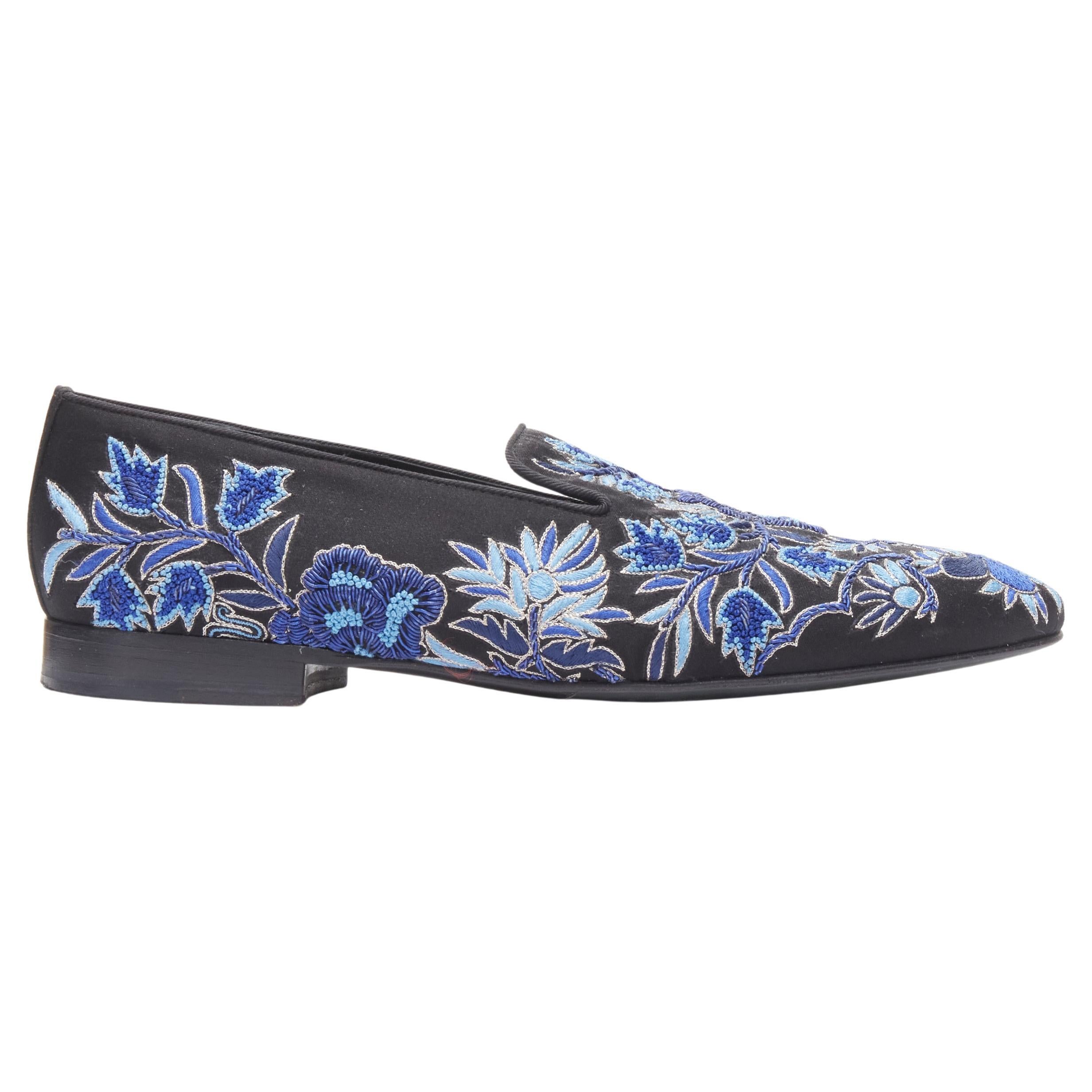 LOUIS LEEMAN black satin blue floral embroidery evening loafer EU42 US9 For Sale