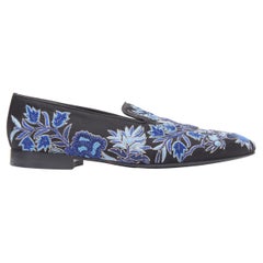 LOUIS LEEMAN black satin blue floral embroidery evening loafer EU42 US9