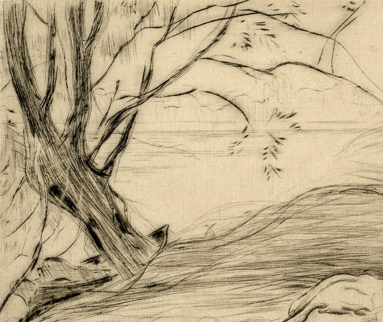 A L'' Ombre (In Schatten) (Beige), Landscape Print, von Louis Legrand