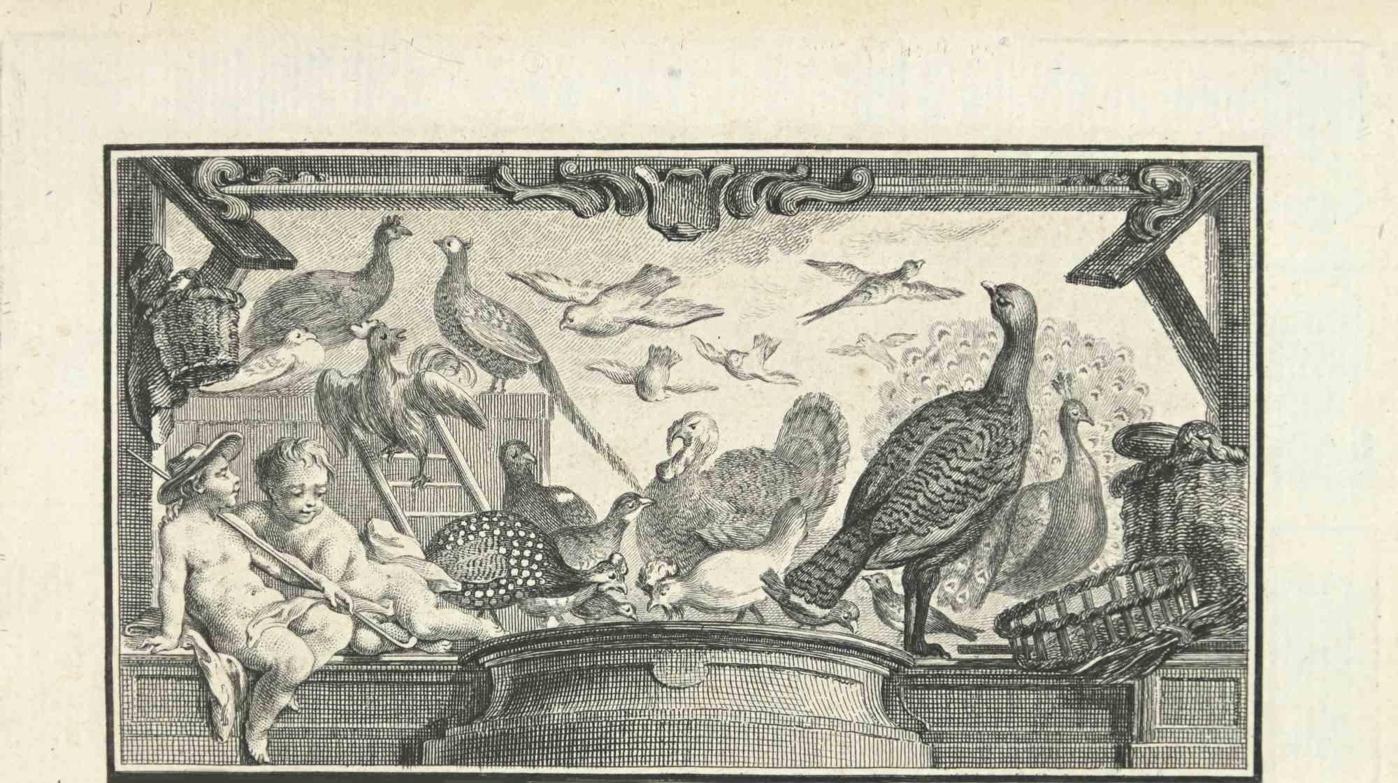 Les oiseaux est une gravure réalisée en 1771 par Louis Legrand.

L'œuvre d'art est représentée par des traits assurés dans une composition bien équilibrée.

Bonnes conditions.
 
