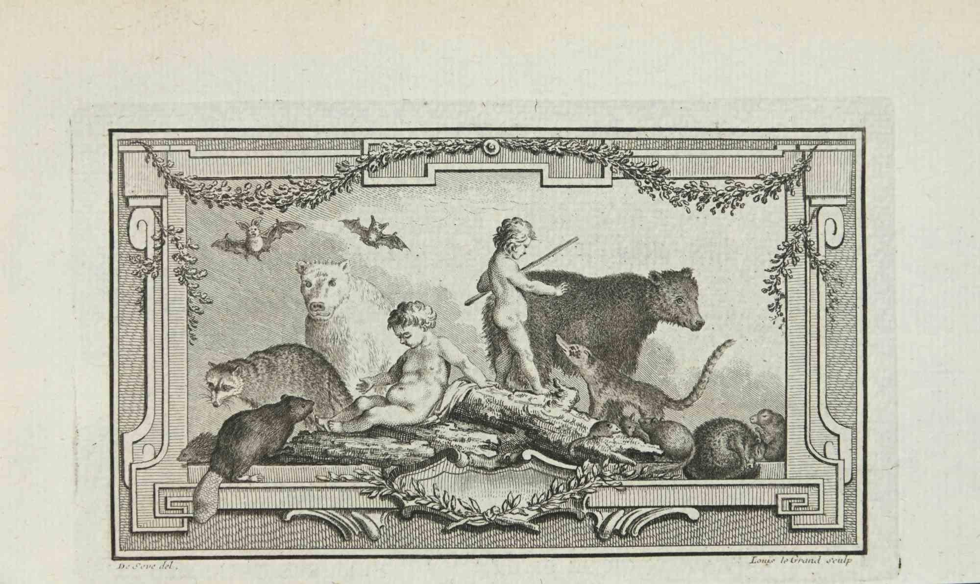 Composition avec animaux est une eau-forte réalisée en 1771 par Louis Legrand (1723-1807).

L'œuvre d'art est représentée par des traits assurés dans une composition bien équilibrée.

Bonnes conditions.
