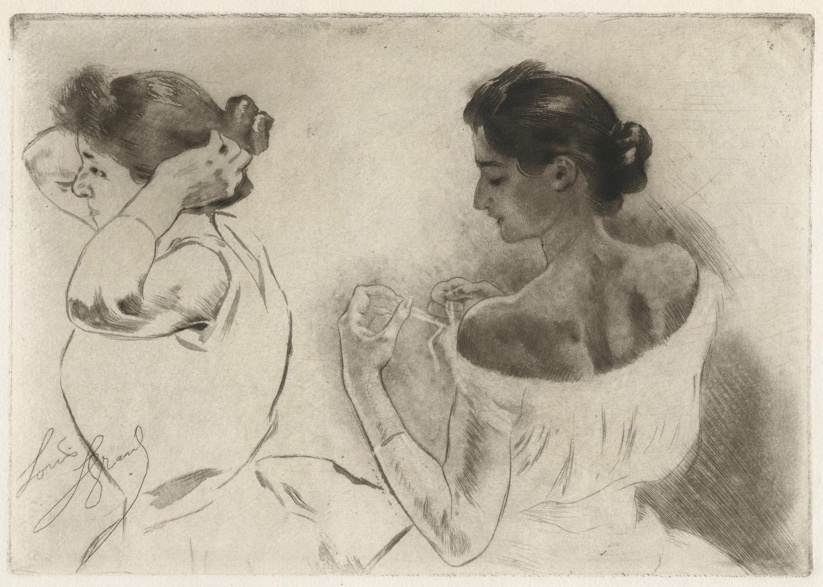 Louis Legrand Figurative Print - Danseuses s'habillant (Laurence adjusting her hair and Mignon adjusting clothes