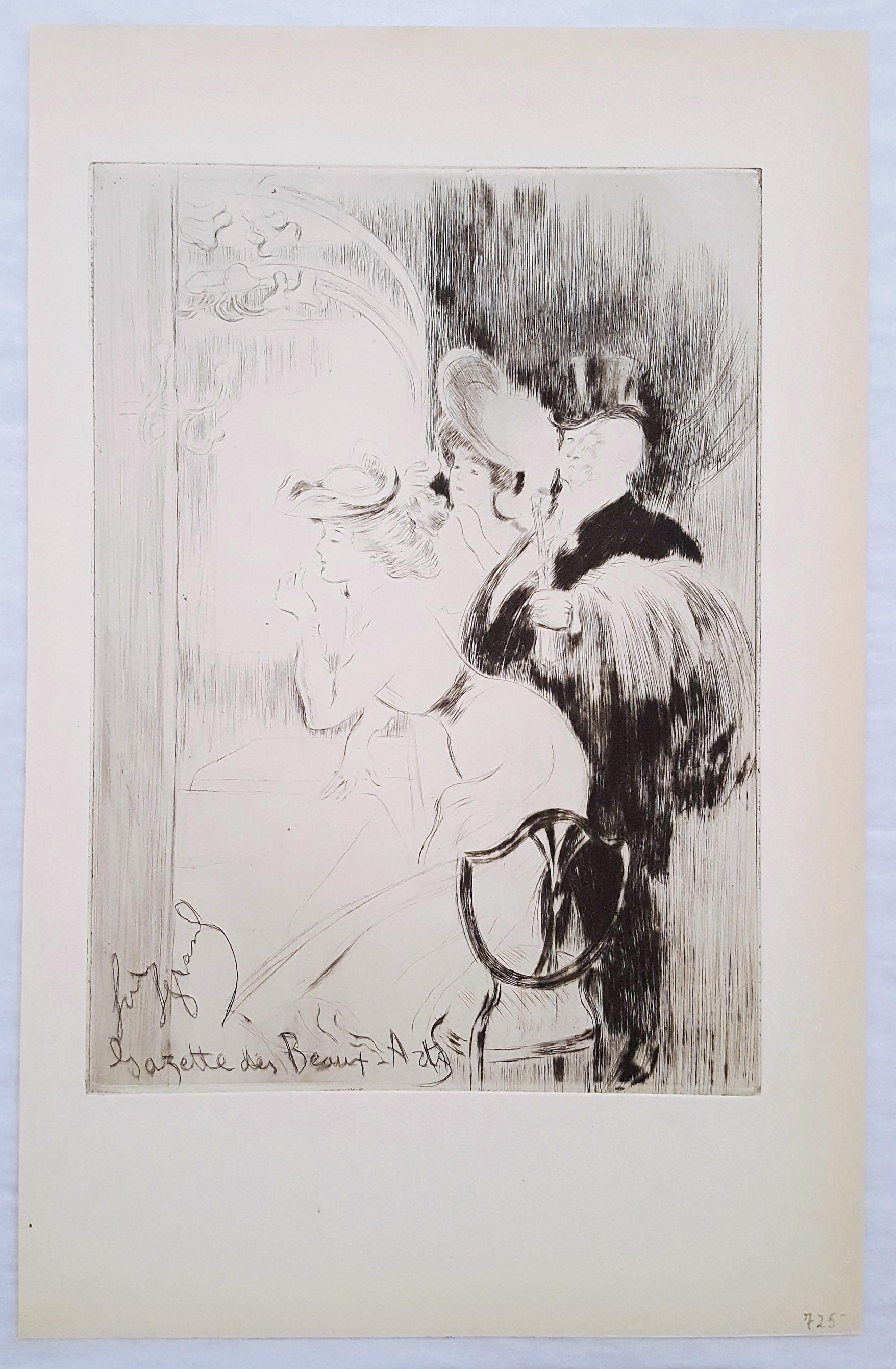 La Loge (The Lodge) /// Post-Impressionist Figurative French Paris People Art - Gray Figurative Print by Louis Legrand