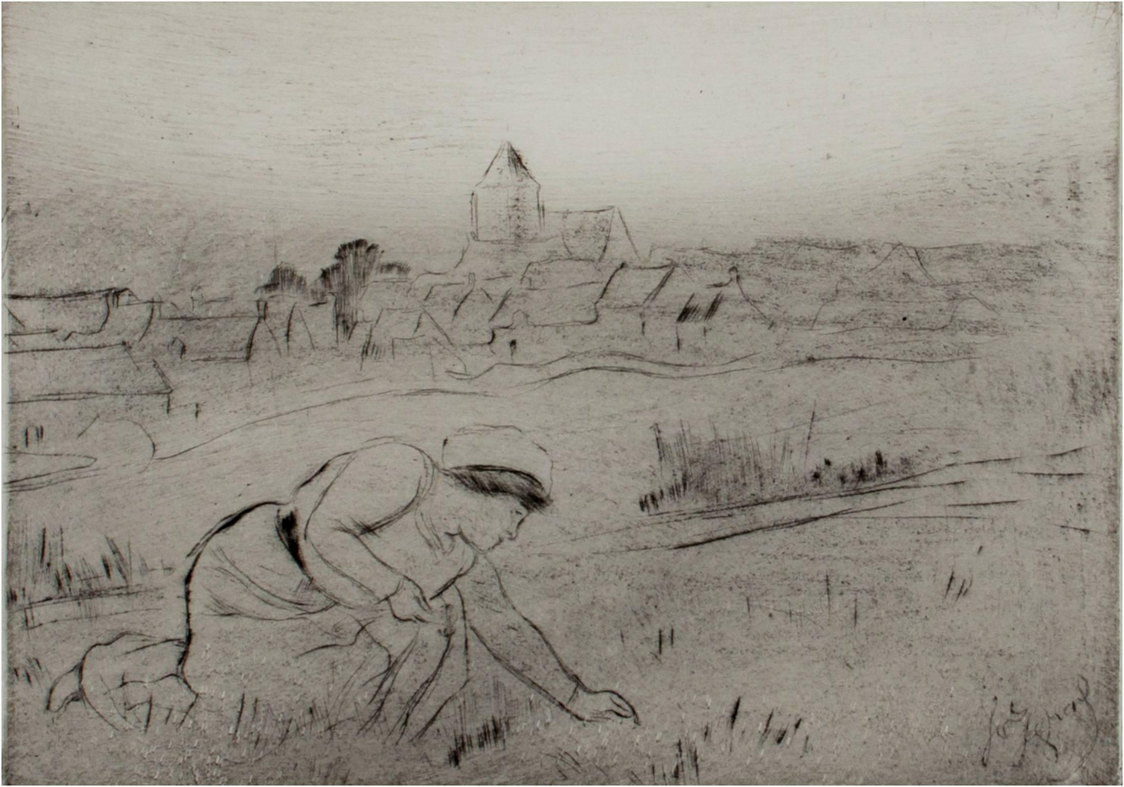 Louis Legrand Landscape Print - "Woman in Field, " drypoint etching by Louis LeGrand