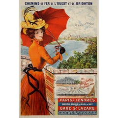Affiche de voyage originale de 1900 de Louis Lemoine-Maudet - Paris à Londres via Dieppe