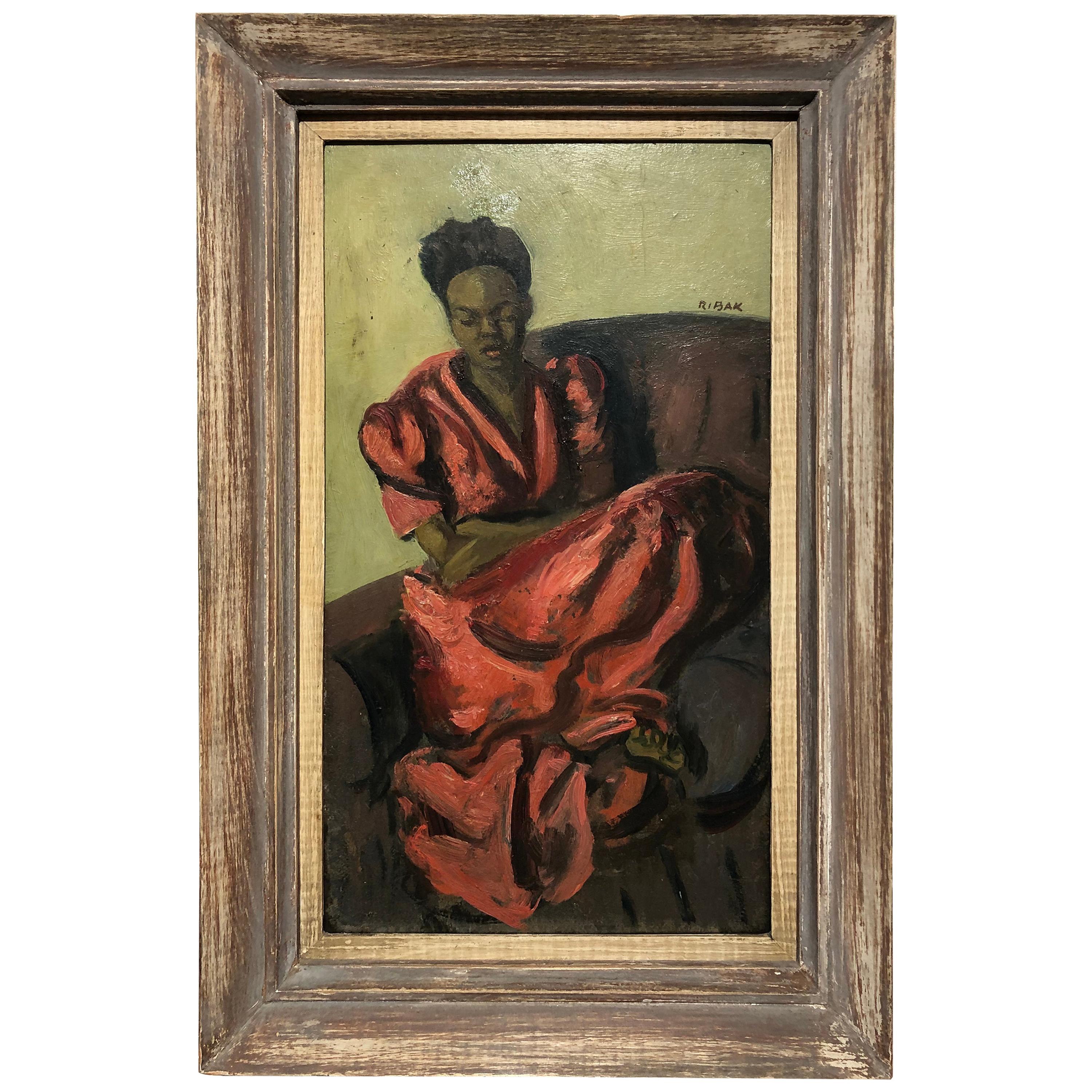 Louis Leon Ribak Oil ainting “ruby in red” Social Realist Style For Sale