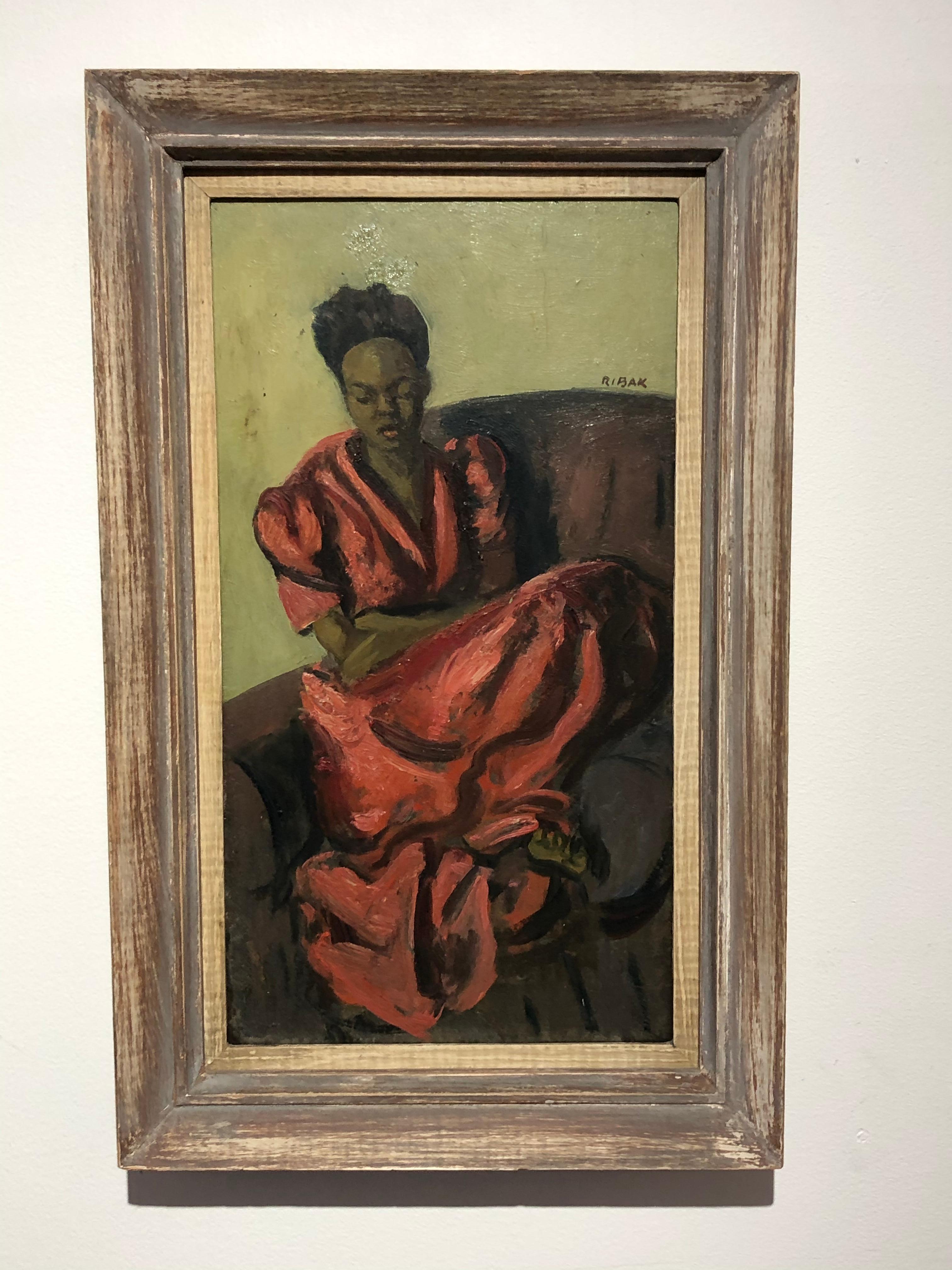 Louis Leon Ribak oil on Masonite board , title “ Ruby in Red” seated African American girl in red dress . In original frame with original label .painting size with out frame is 17.75 x 9.75 .
Born in the then-Lithuanian province of Grodno, Ribak