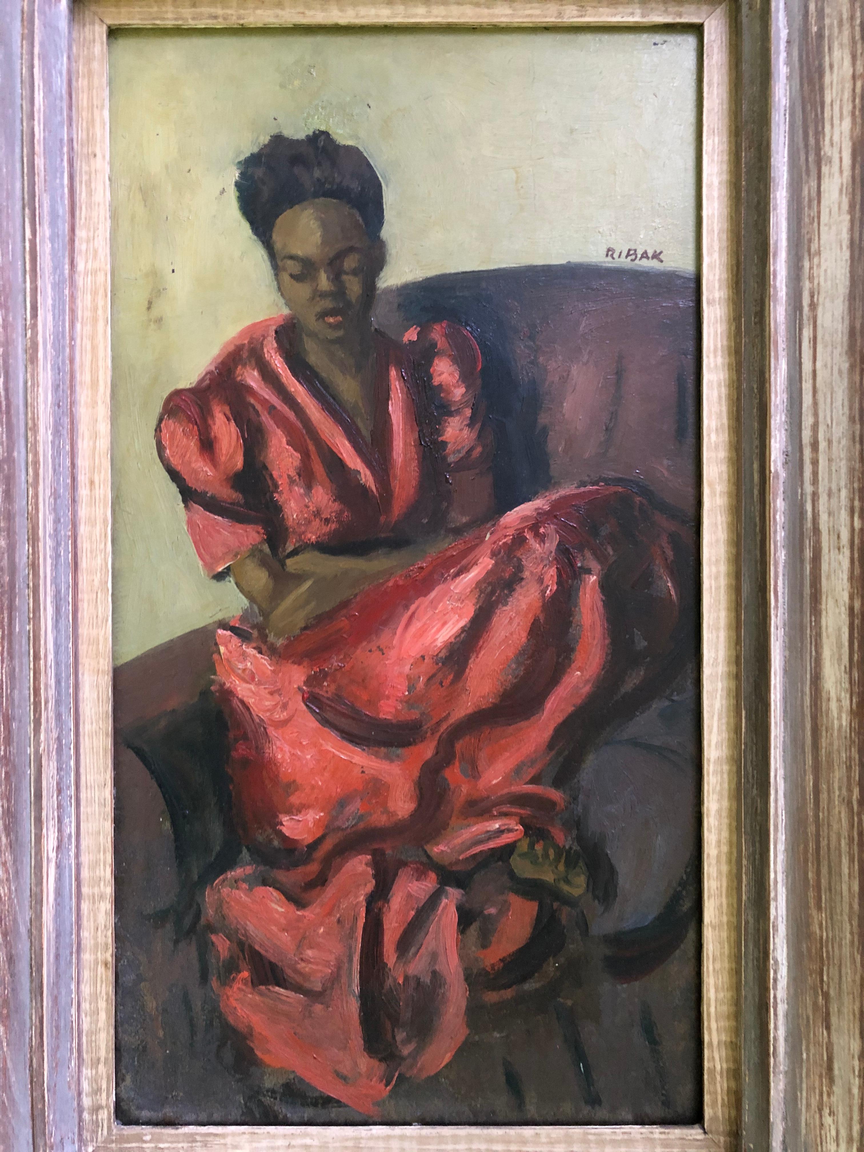 Expressionist Louis Leon Ribak Oil ainting “ruby in red” Social Realist Style For Sale